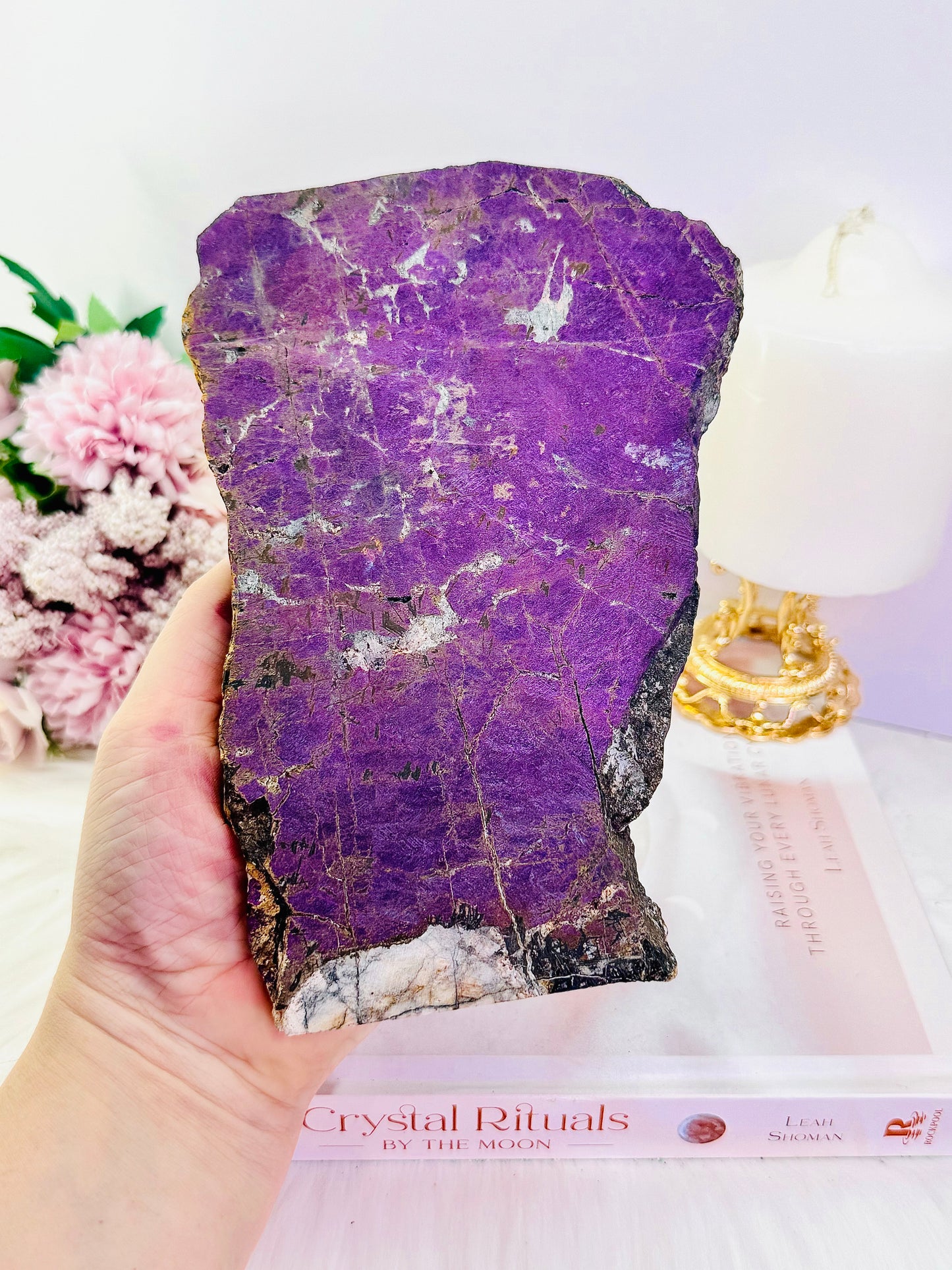 The Stone Of Freedom ~ Incredible Rare Natural Velvet Purpurite Huge Slab On Gold Stand, 22cm (Inc Stand) 683grams