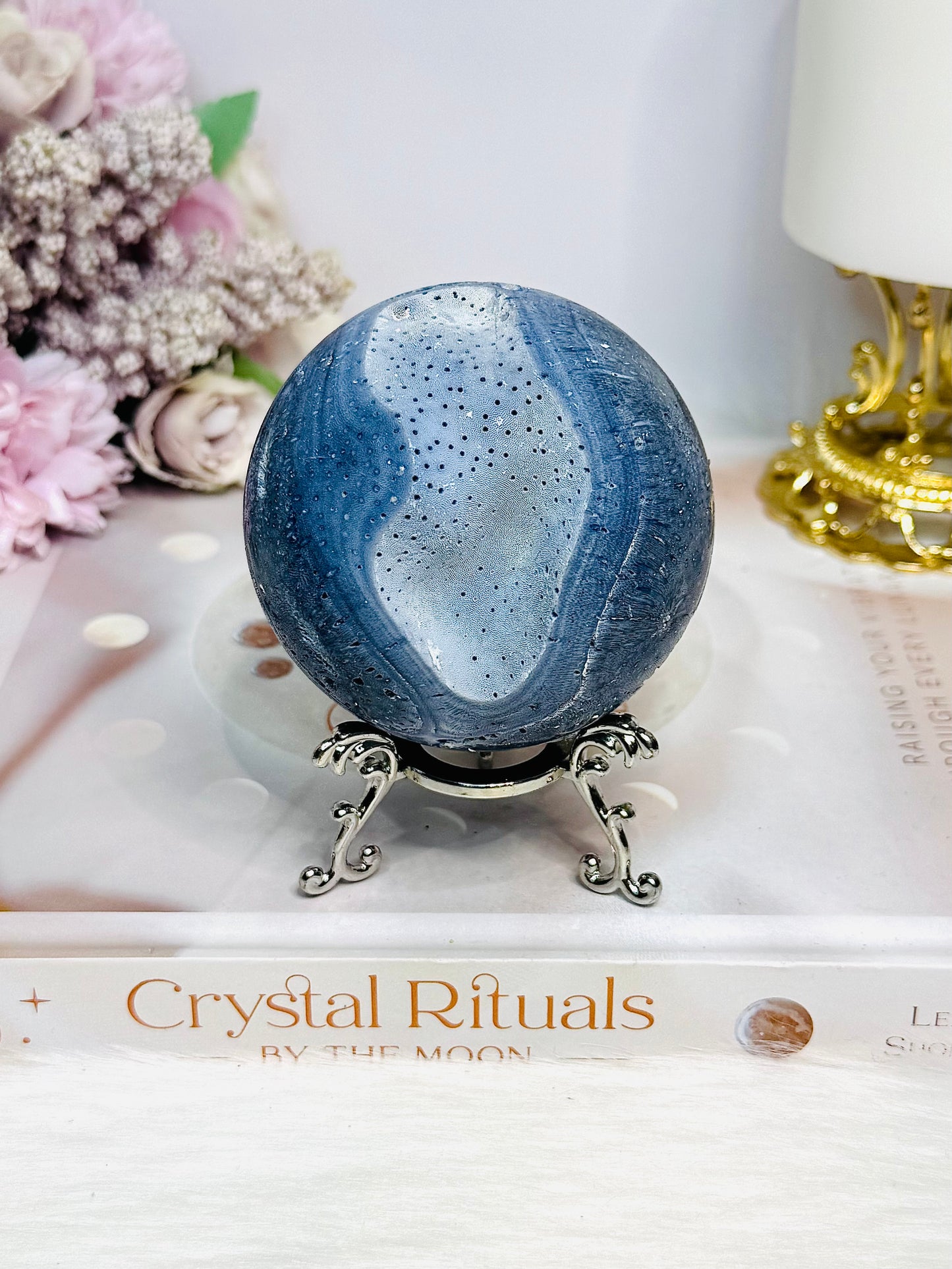 Rare Blue Coral Fossil Sphere on Stand 305g