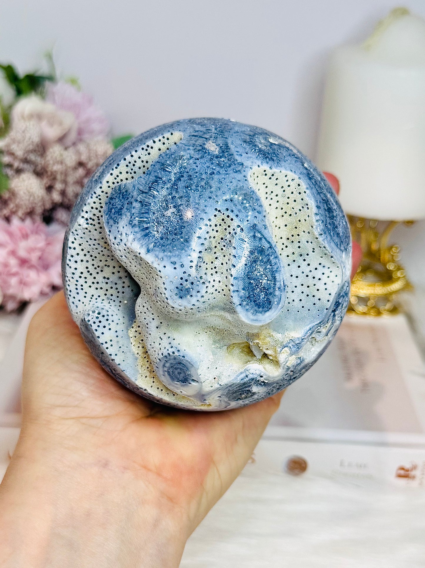 Rare Natural Large Blue Coral Fossil Sphere 732g