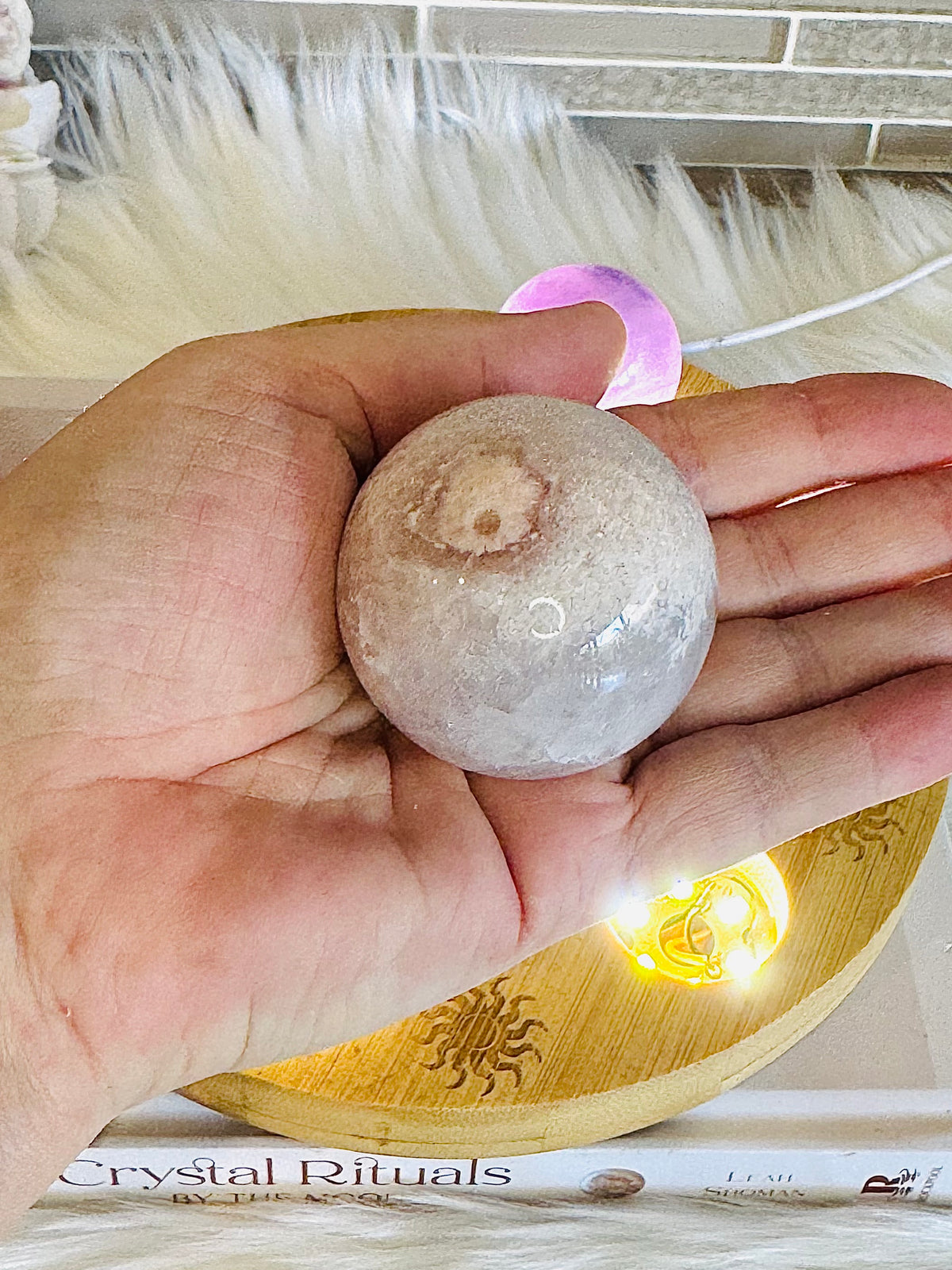 Feminine Energy ~ Large Light Stand 20cm with Glass Fairy Sphere, 3 Amethyst Spheres, Rose Quartz Sphere & 2 Pink Amethyst Spheres