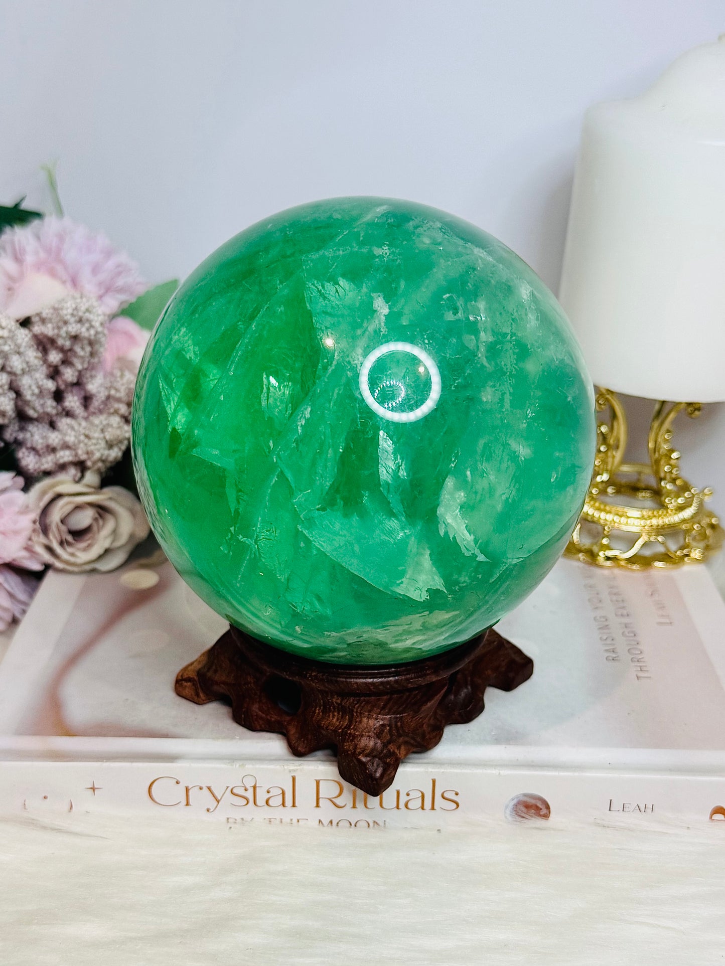 Huge High Grade Green Fluorite Sphere with Rainbows on Stand 2.4KG
