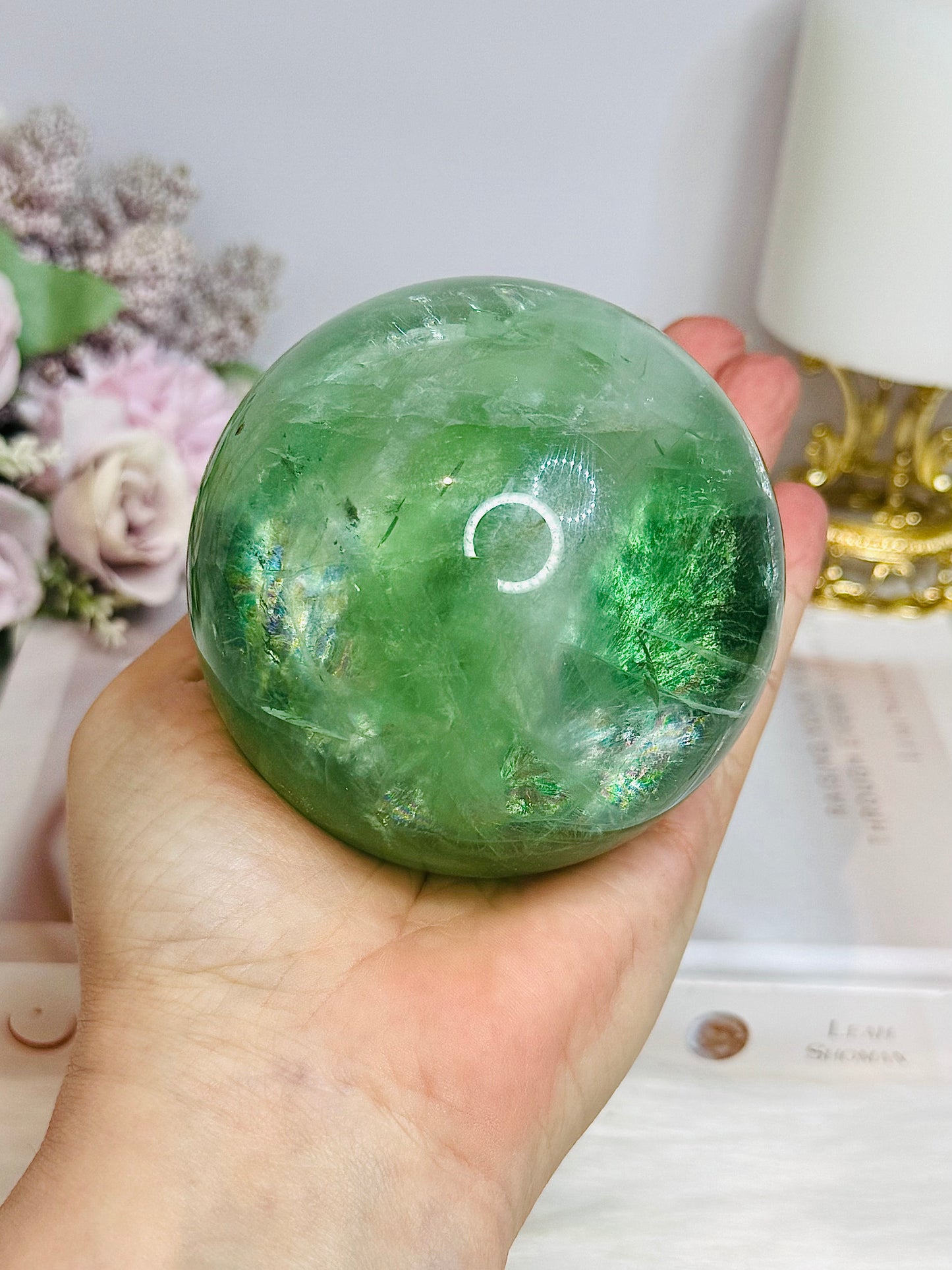 Large Green Fluorite Sphere Full of Rainbows 923g