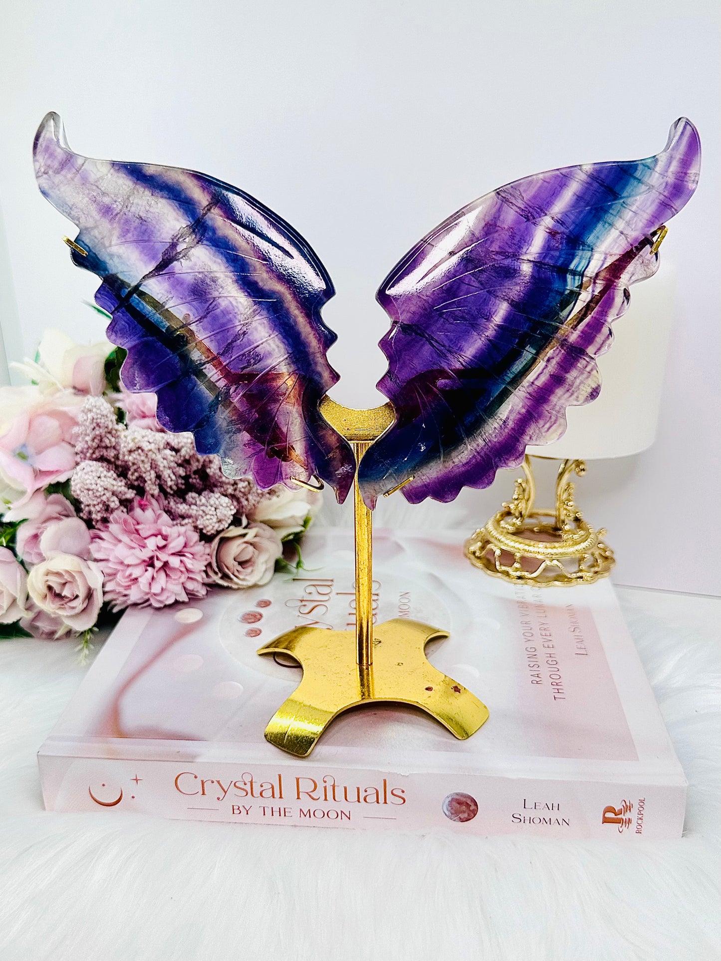 Classy & Fabulous Rainbow Fluorite Wings on Gold Stand 20cm Tall (Inc Stand) Brilliant Piece