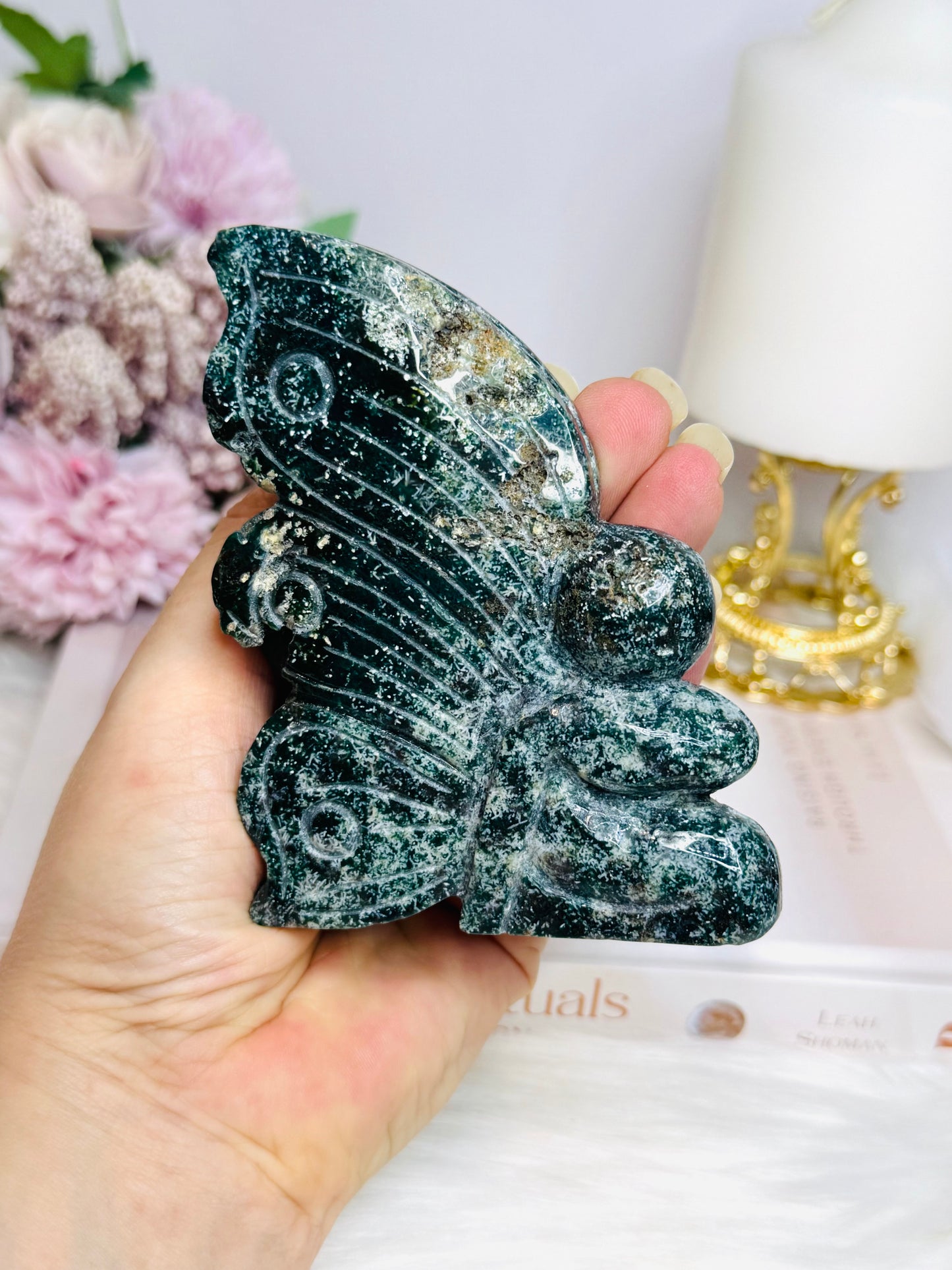 Moss Agate Carved Druzy Fairy 10cm