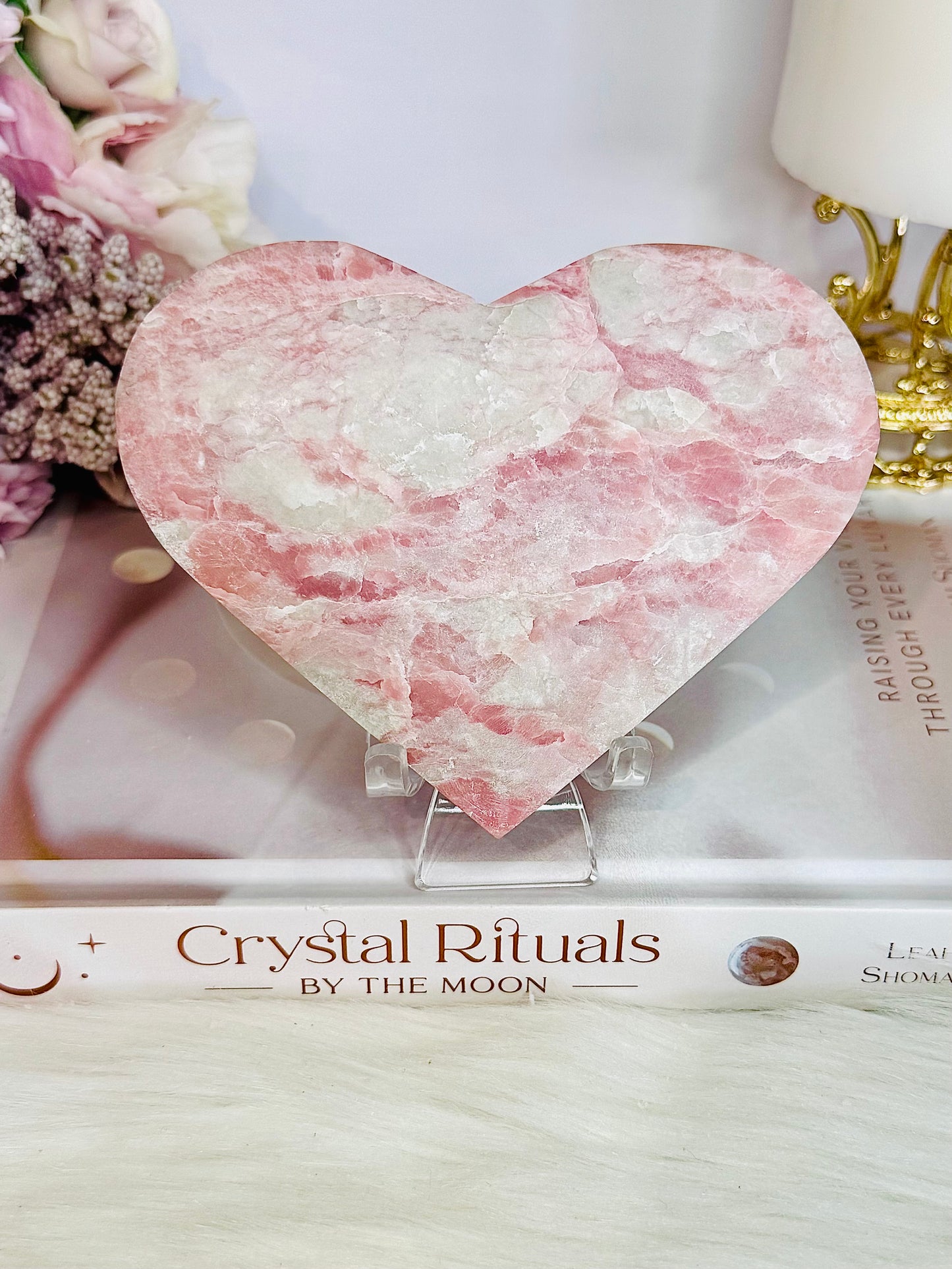 Gorgeous Large Natural Pink Opal Carved Heart On Stand 12cm