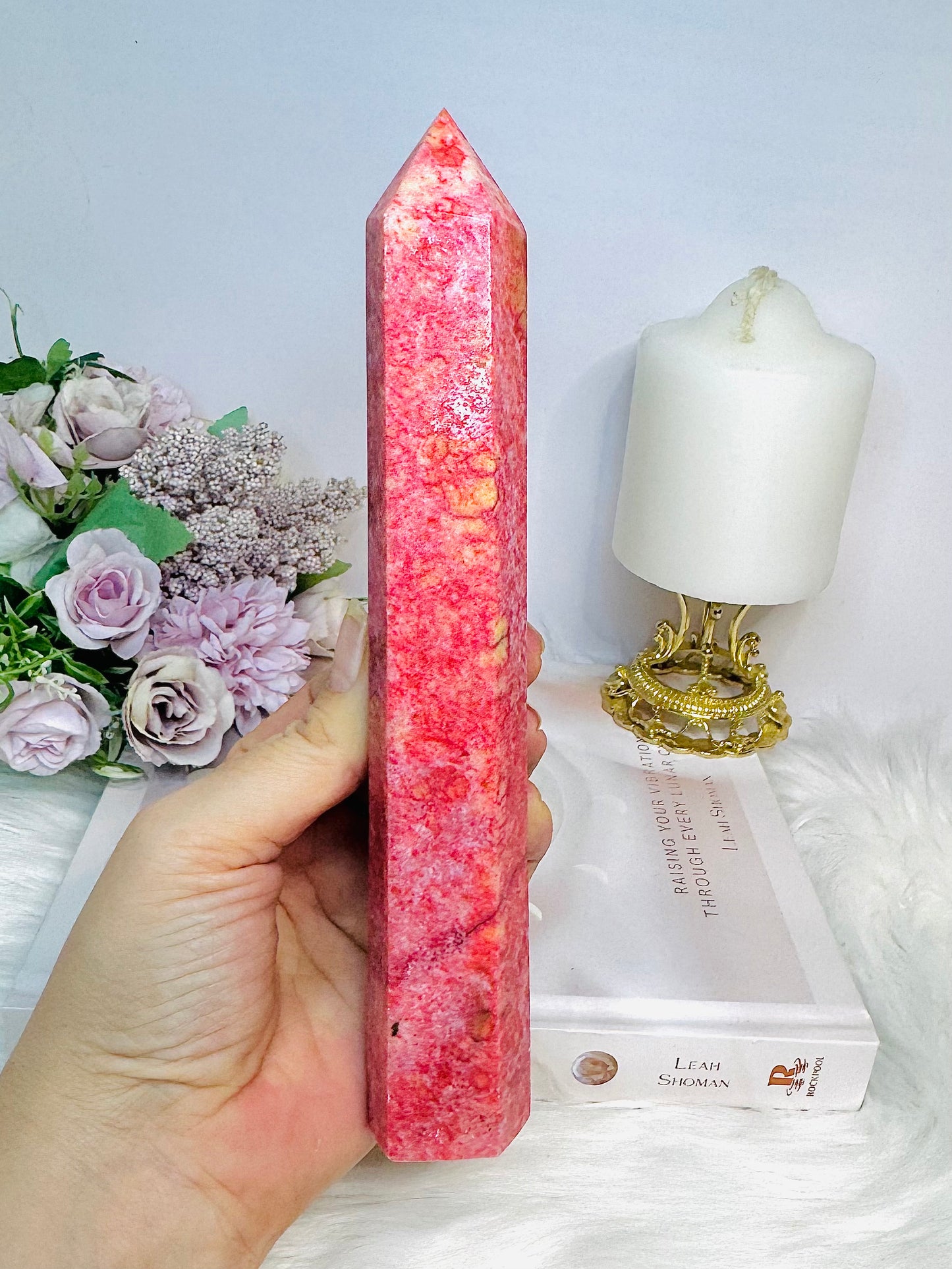 Rare Large Thulite Tower with Epidote Inclusions 20cm (Rich in colour)