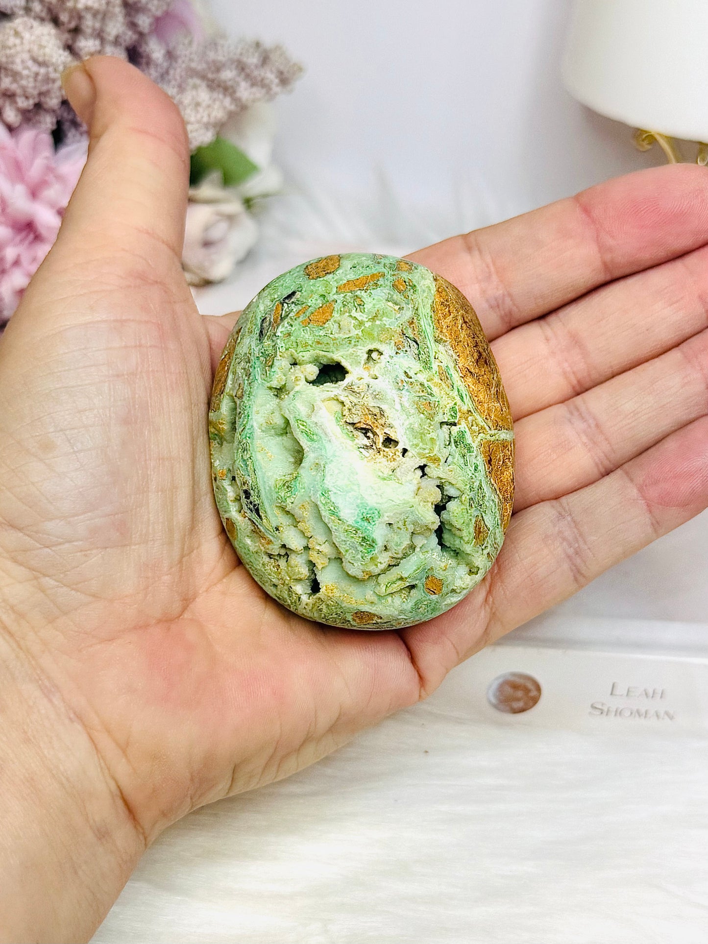 Chunky Large Smithsonite Palm Stone (Stand is display only)