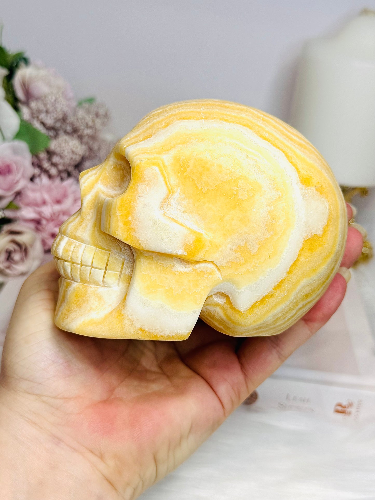 Large Orange Calcite Carved Skull 11.5cm 1.01KG