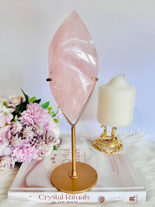 Large 26cm Rose Quartz Perfectly Carved Flame with Rainbows On Gold Stand 812grams