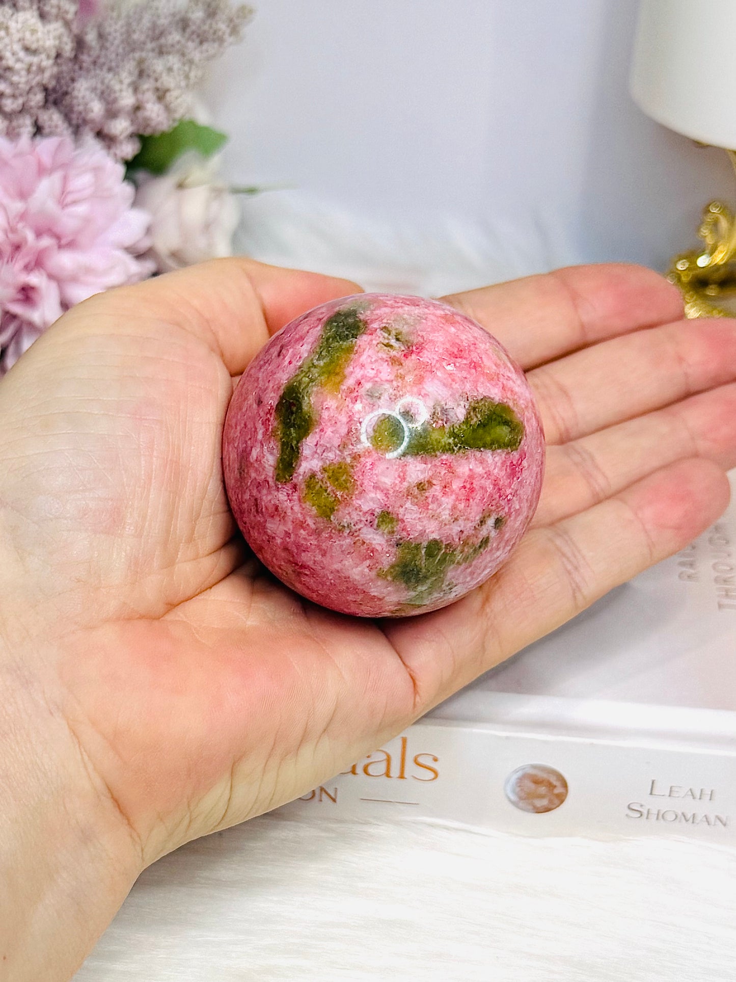 Thulite Sphere with Epidote 201g On Stand