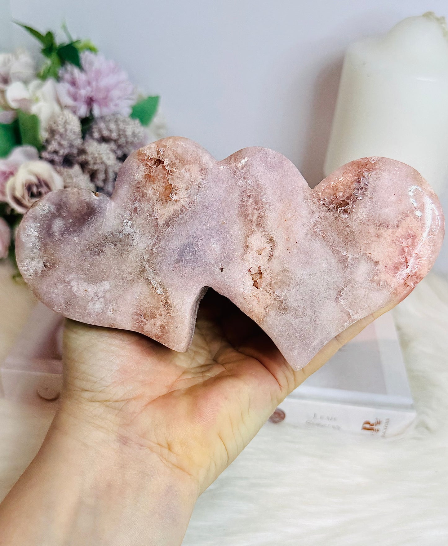 Large Pink Amethyst Druzy Double Hearts On Stand 15cm Long 473g