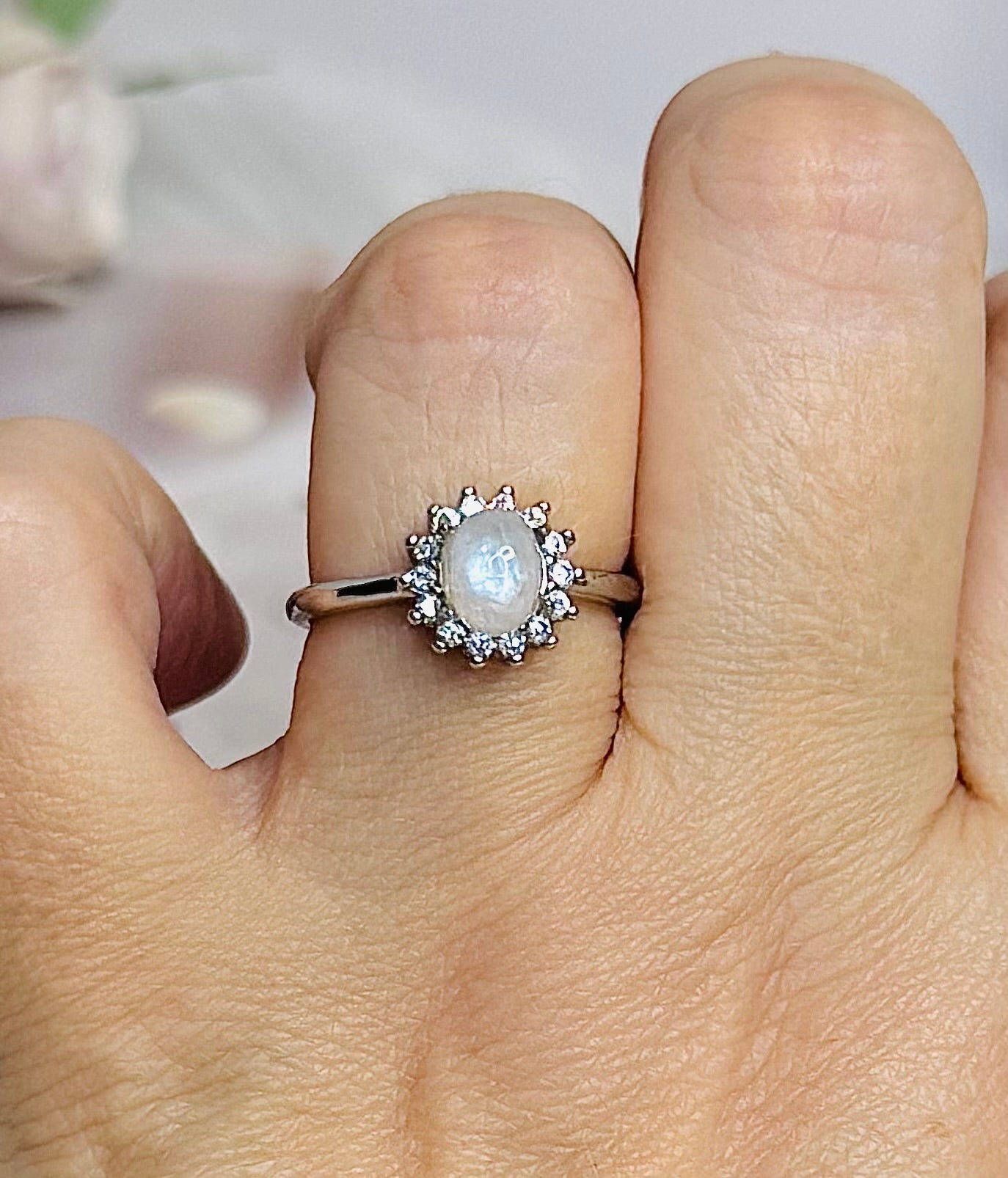 Moonstone Adjustable Ring with Blue Flash
