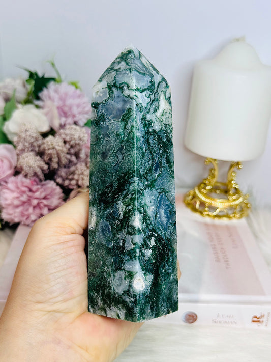 Moss Agate Druzy Tower 15cm 430g