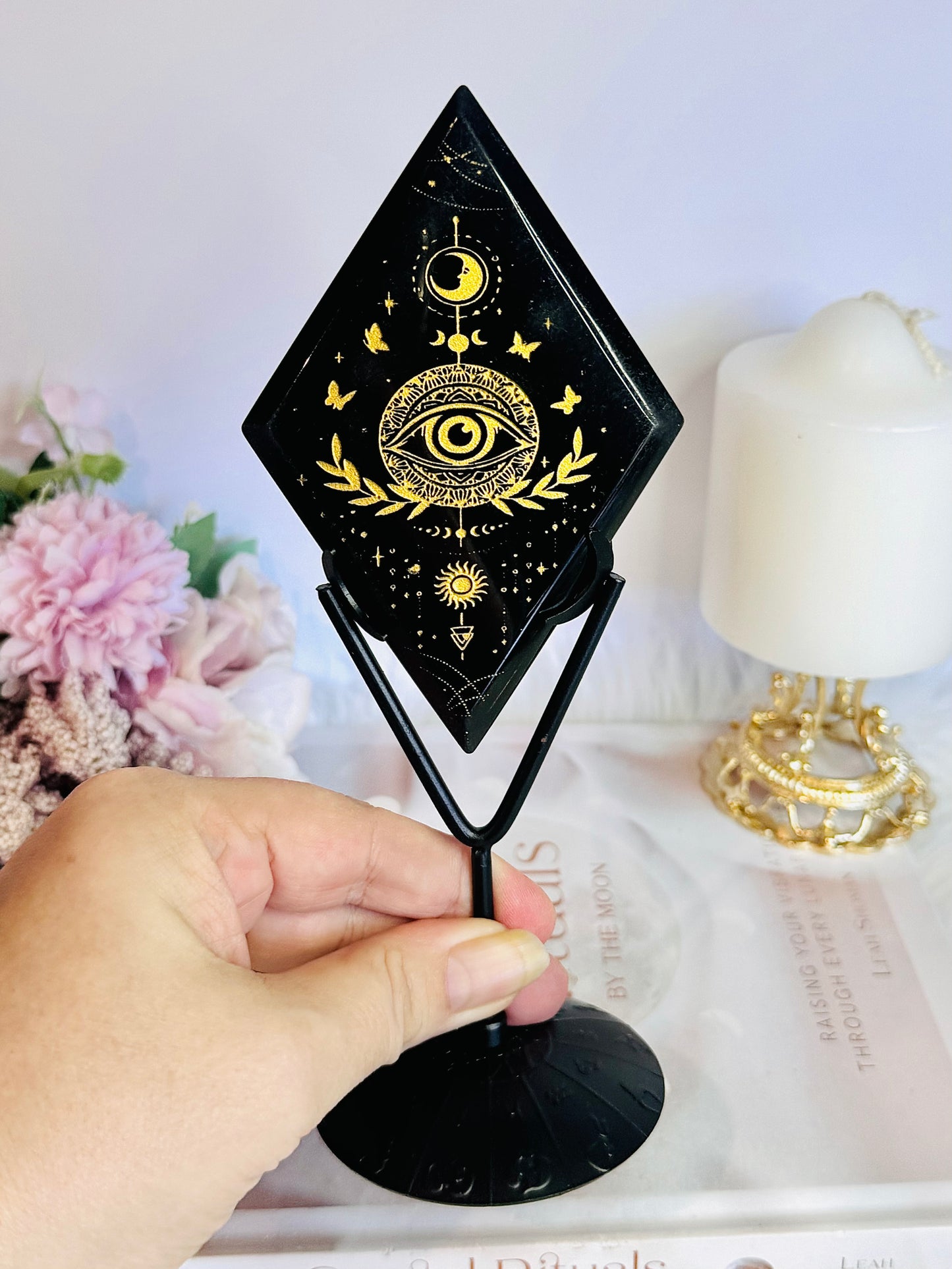 A Powerful Protection Stone ~ Beautiful Black Obsidian Carved Diamond with Gold Evil Eye Print (Print is on both sides) 20cm