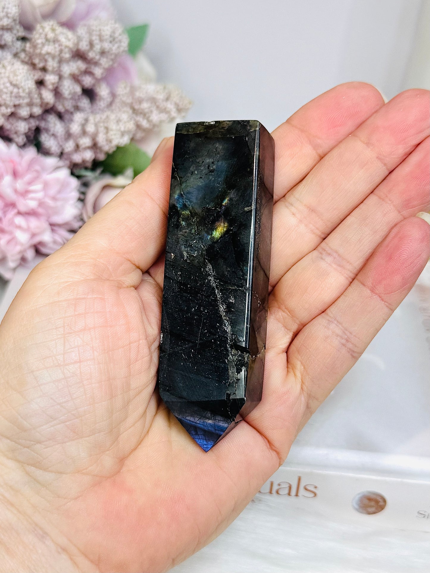 High Grade Labradorite Tower with Purple Flash 9cm (natural line in stone)