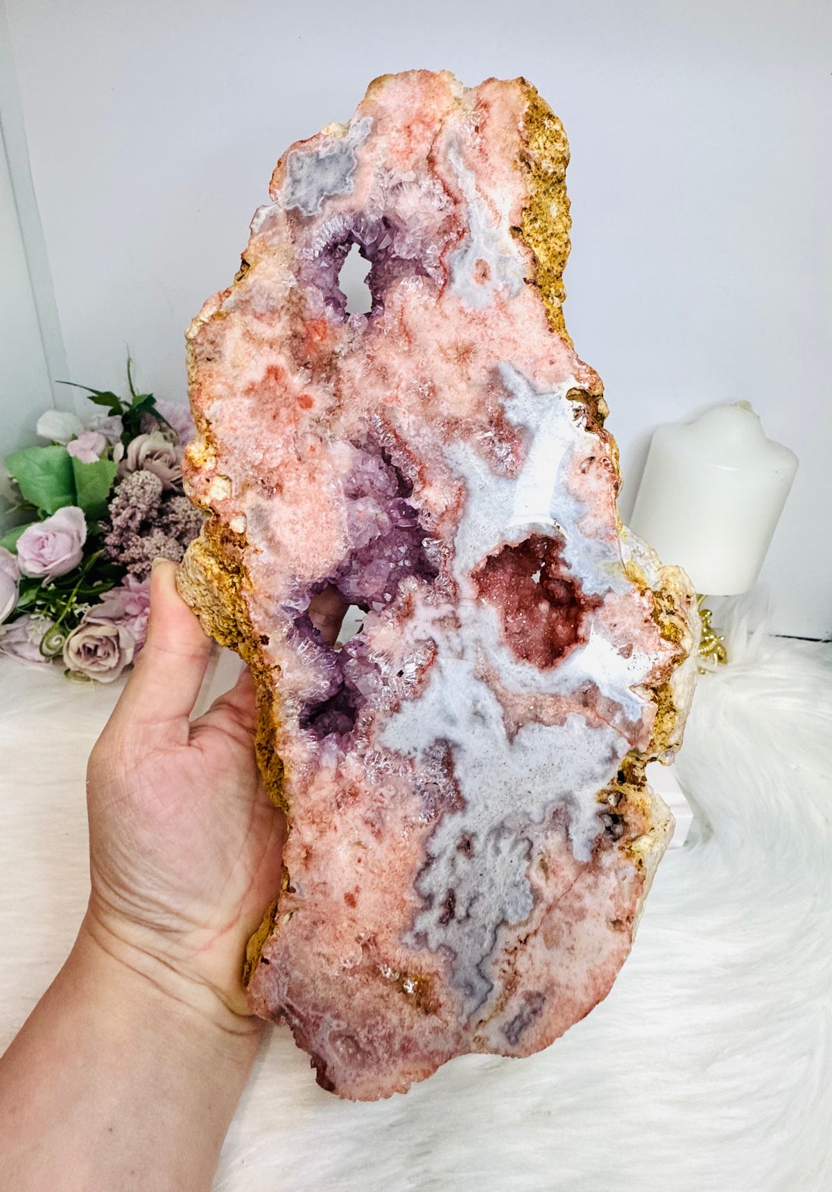 High Grade Pink Amethyst Druzy Slab on Stand 1.2KG 27.5cm