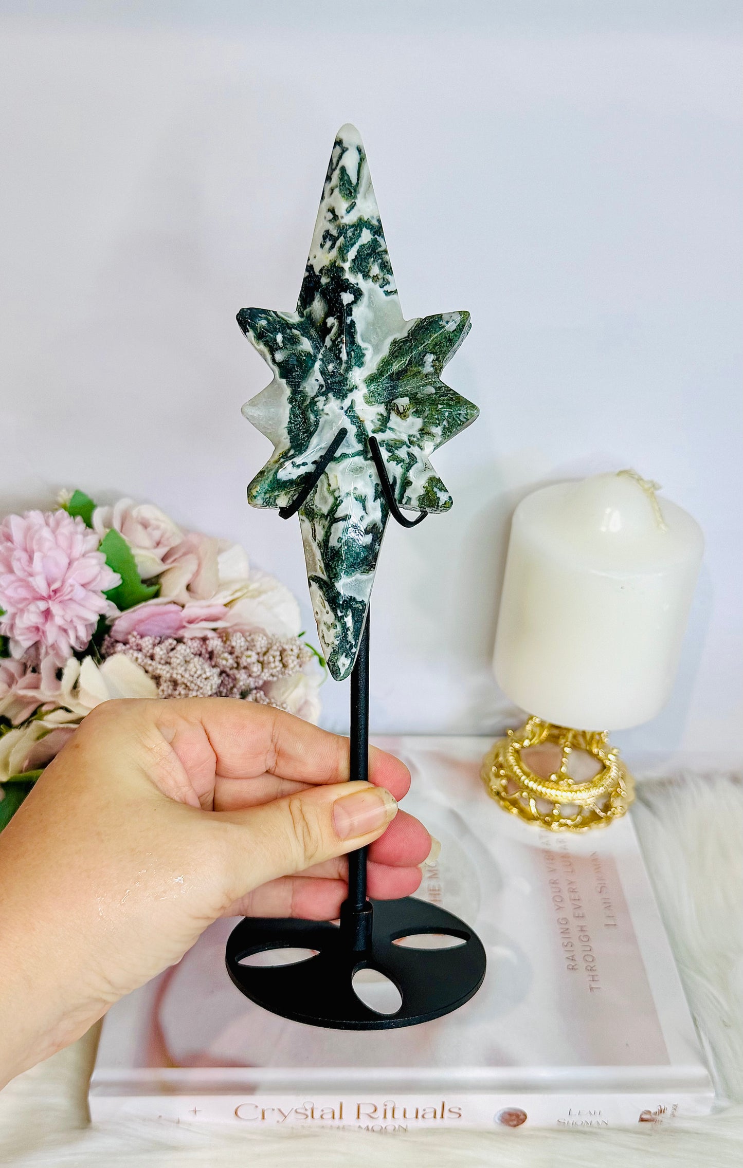Stunning Large Natural Moss Agate Carved Polaris Star On Stand 24.5cm