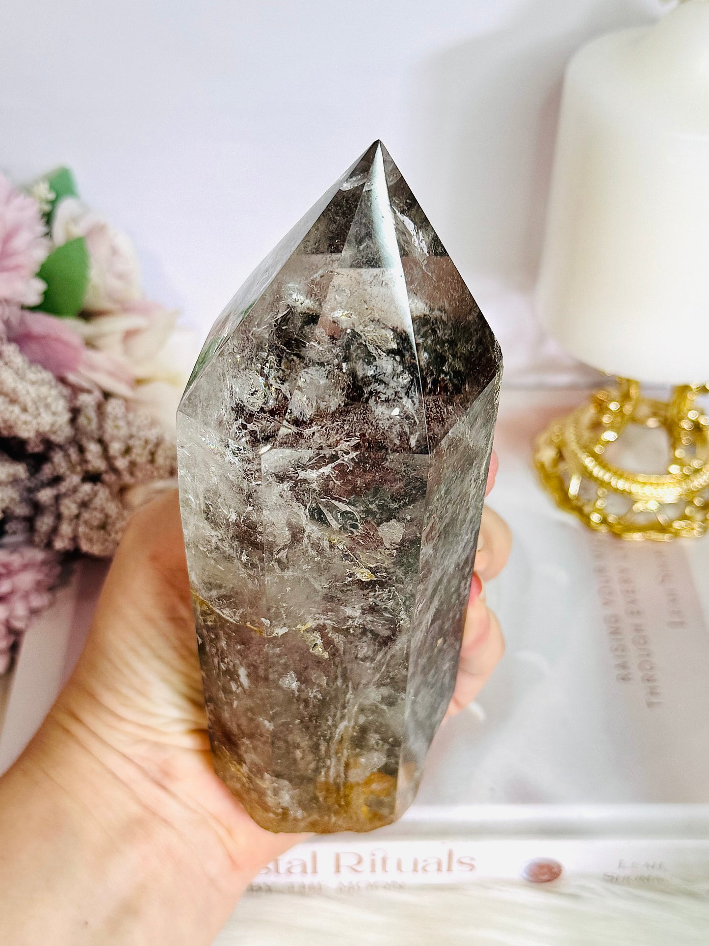 Stunning Large High Grade Garden Quartz | Lodolite Tower on Timber Base 1.02KG 21cm