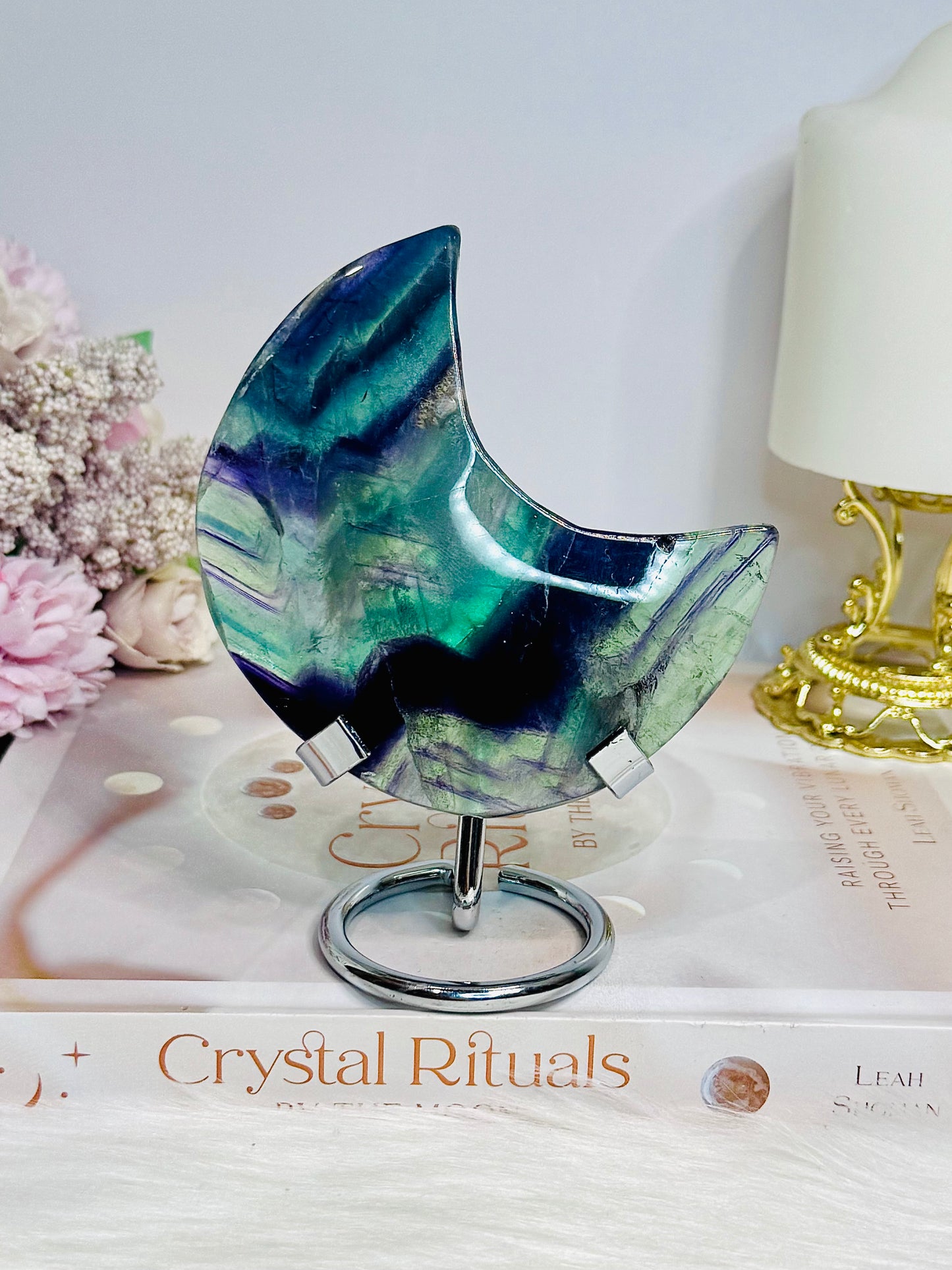 Large Rainbow Fluorite Moon 9.5cm On Stand (reduced moon has chip)