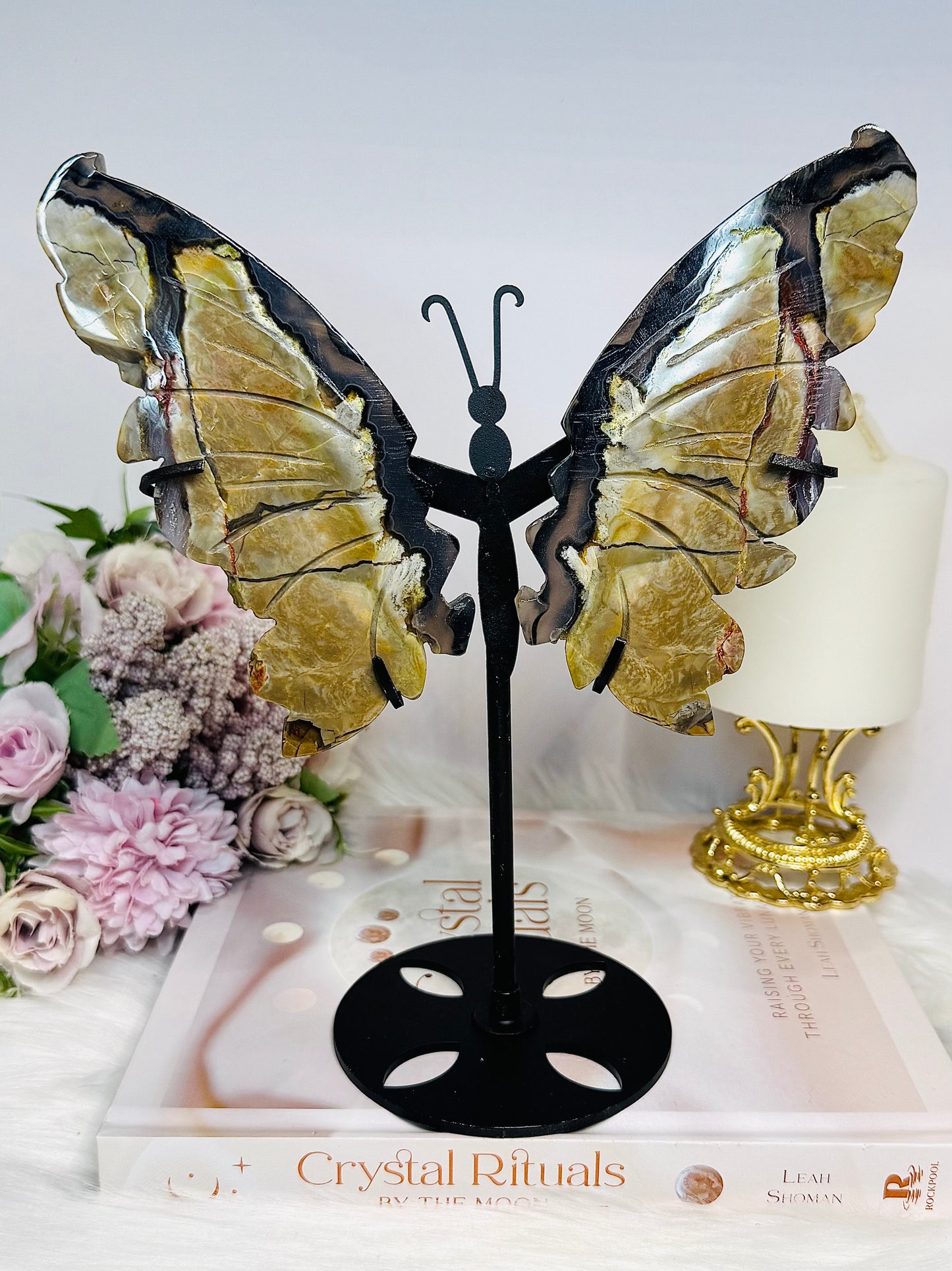 Large Volcano Agate Butterfly Wings UV Reactive on Stand 22cm