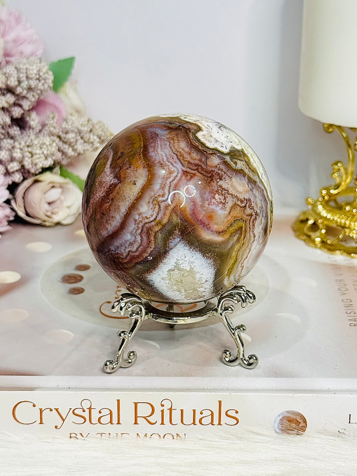 Large Mexican Crazy Lace Agate Druzy Sphere on Stand 376g