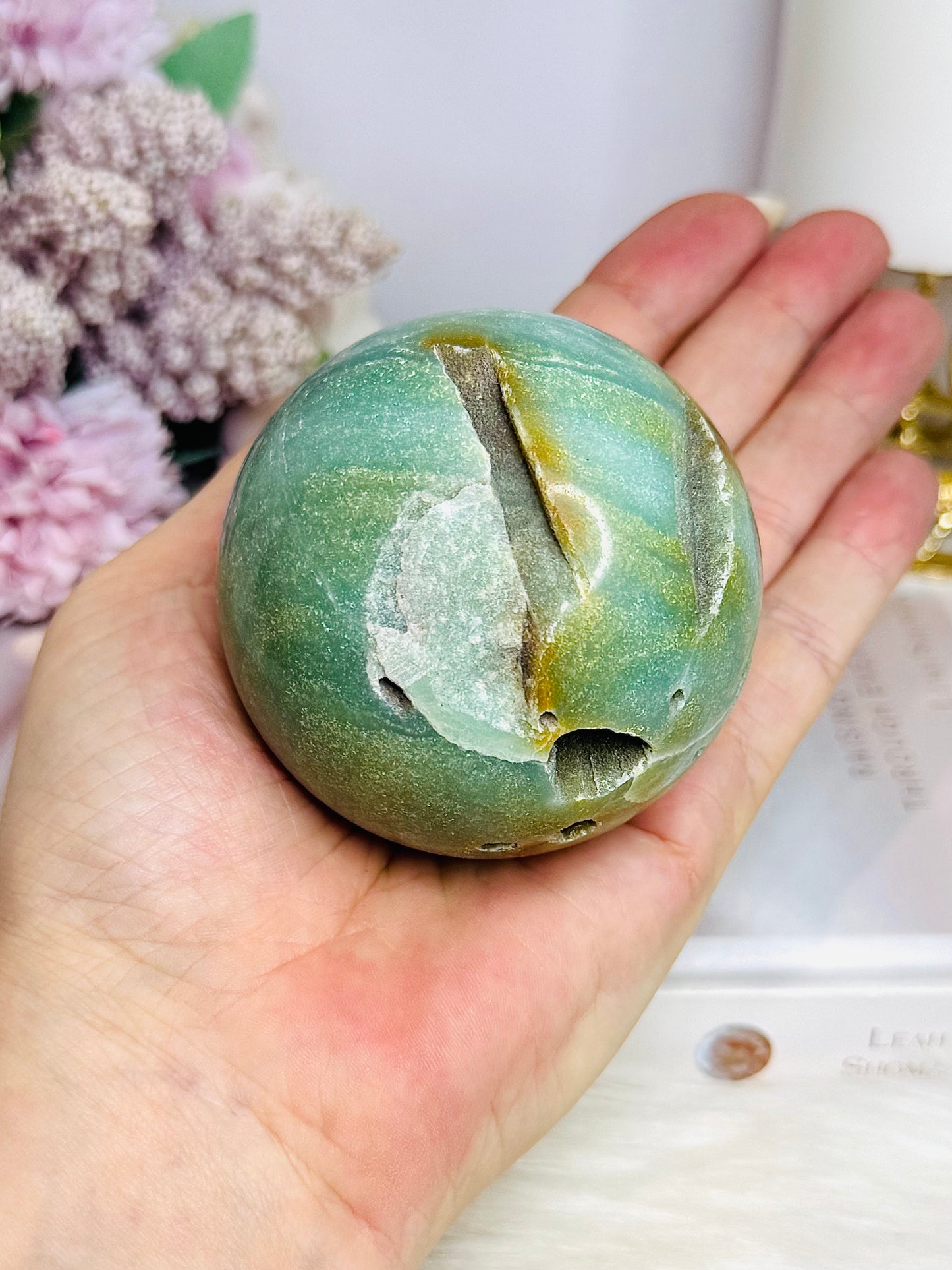 Druzy Sky Blue Quartz Sphere with Imperfections (chip) on Stand 360g