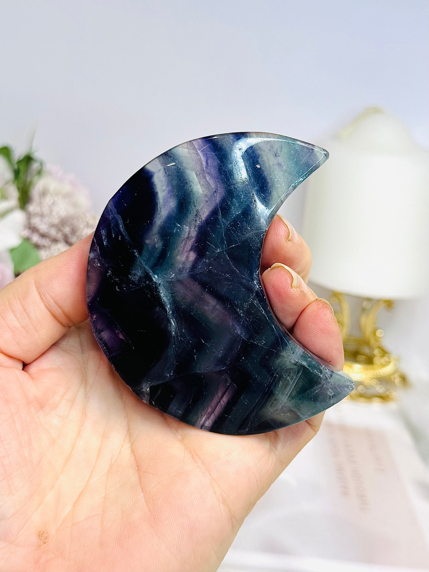 Rainbow Fluorite Moon On Stand 8cm