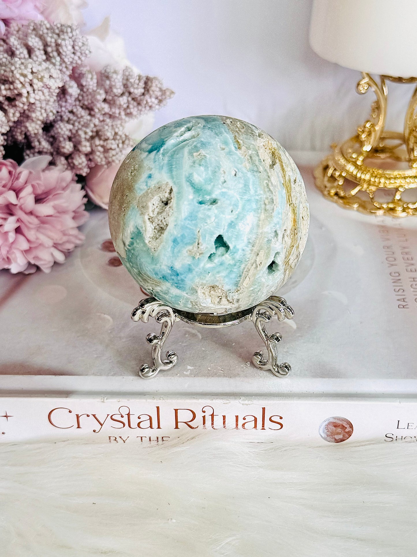 Beautiful Natural Blue Caribbean Calcite Sphere On Stand 304grams