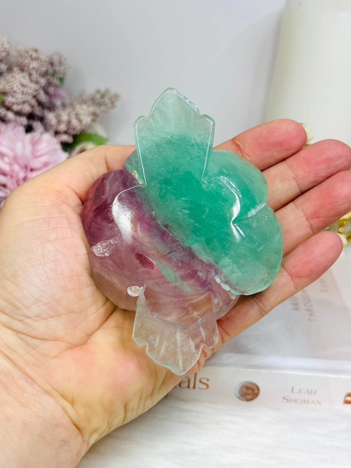 Large Watermelon Fluorite Carved Flower | Rose 10cm