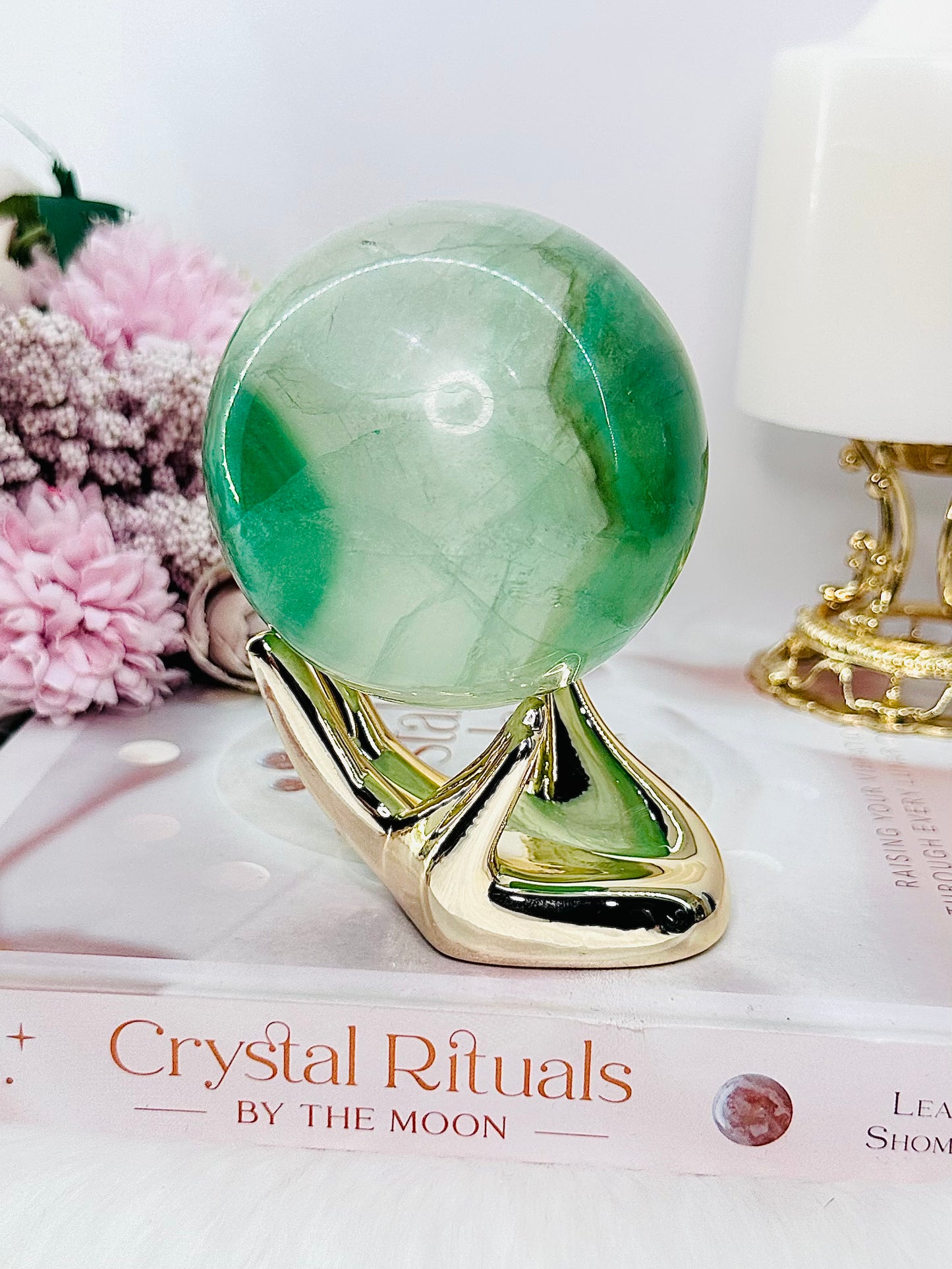 Absolutely Incredible Large 742gram Perfect Green Fluorite Sphere On Gold Hand Stand