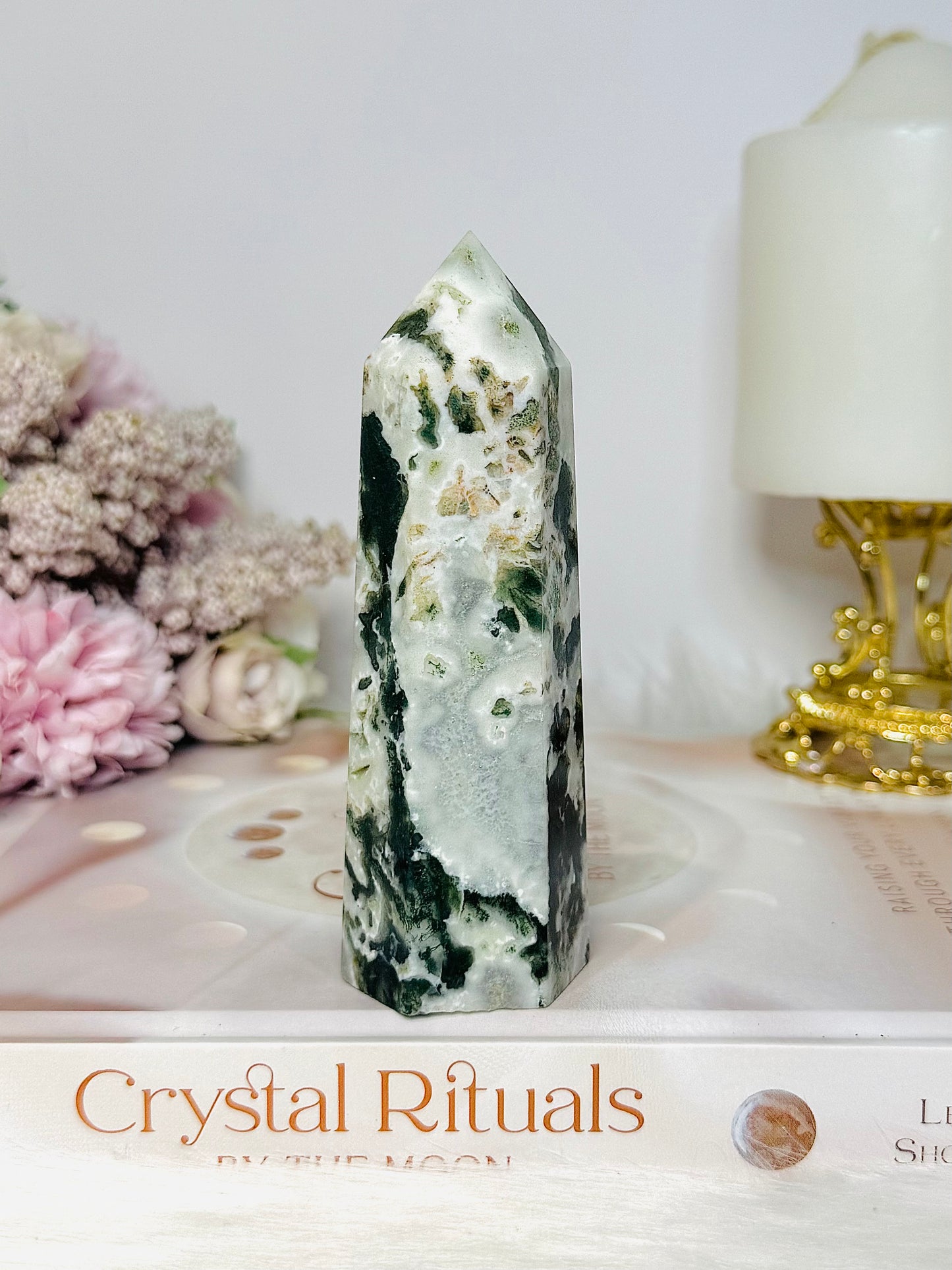 Moss Agate In Quartz Tower 11cm