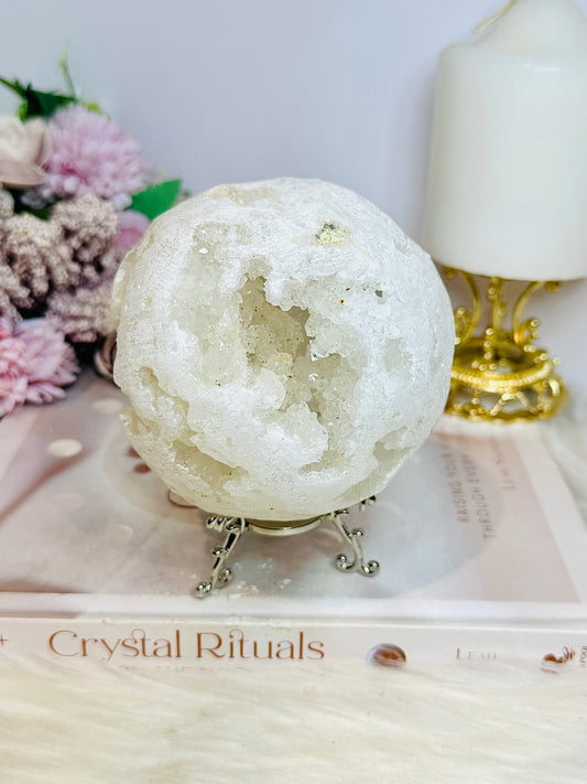 Large Moroccan Quartz Geode Druzy Sphere On Stand 734g