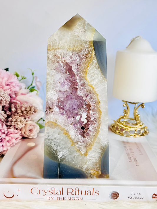 Incredible Large Chunky 18.5cm Druzy Amethyst Agate Carved Tower