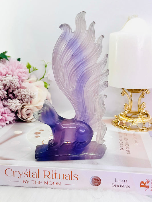 Elegant & Dainty Purple Fluorite Perfectly Carved Nine Tail Fox ~ Absolutely Beautiful 16cm