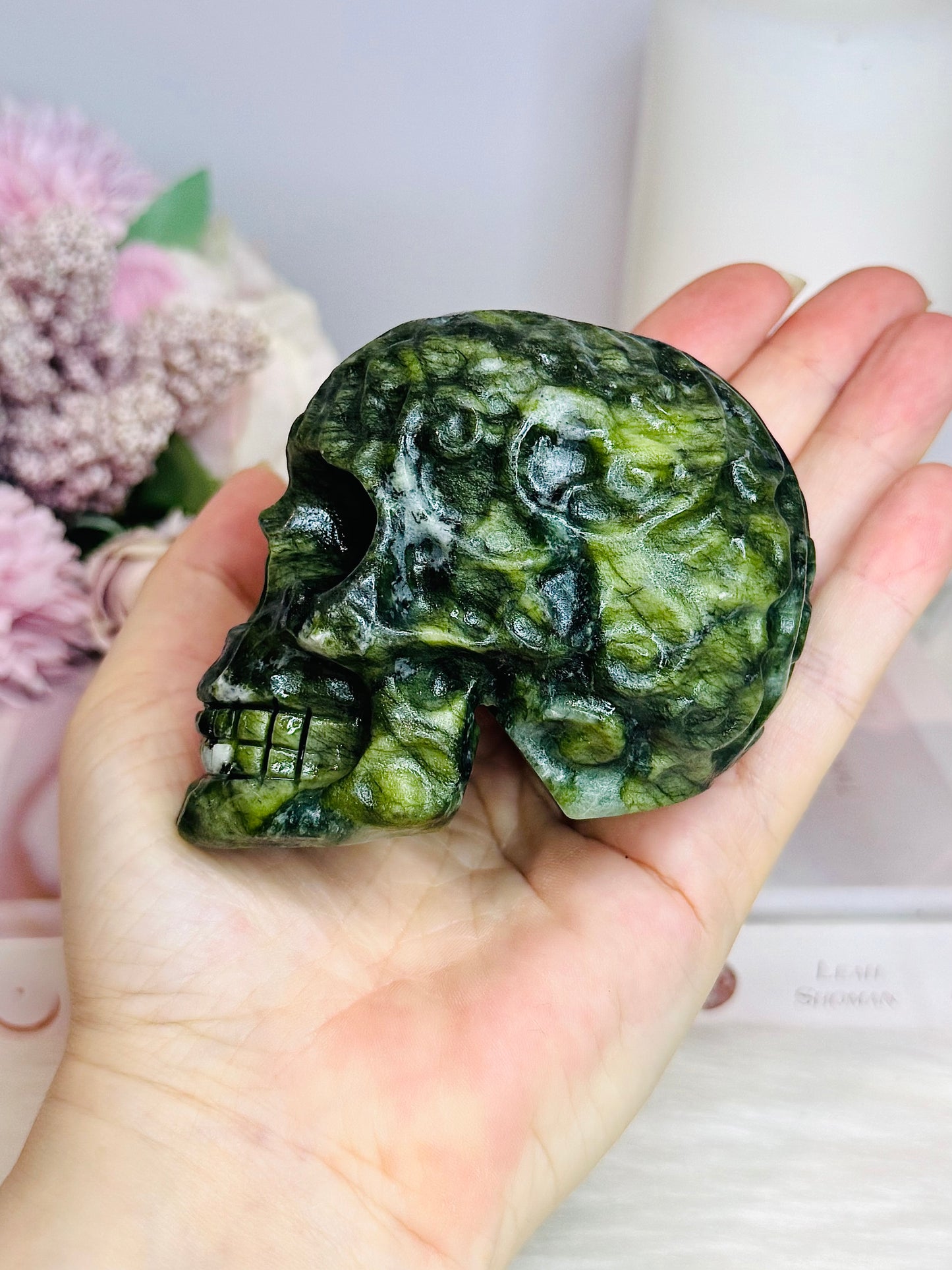 Green Jade Filigree Carved Skull 9cm