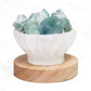 Divine Selenite Fire Bowl / Lamp With Green & Purple Fluorite Rough on Large LED Base