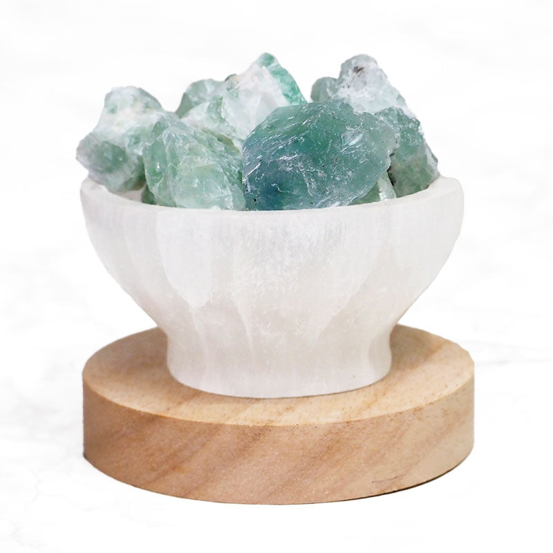 Divine Selenite Fire Bowl / Lamp With Green & Purple Fluorite Rough on Large LED Base