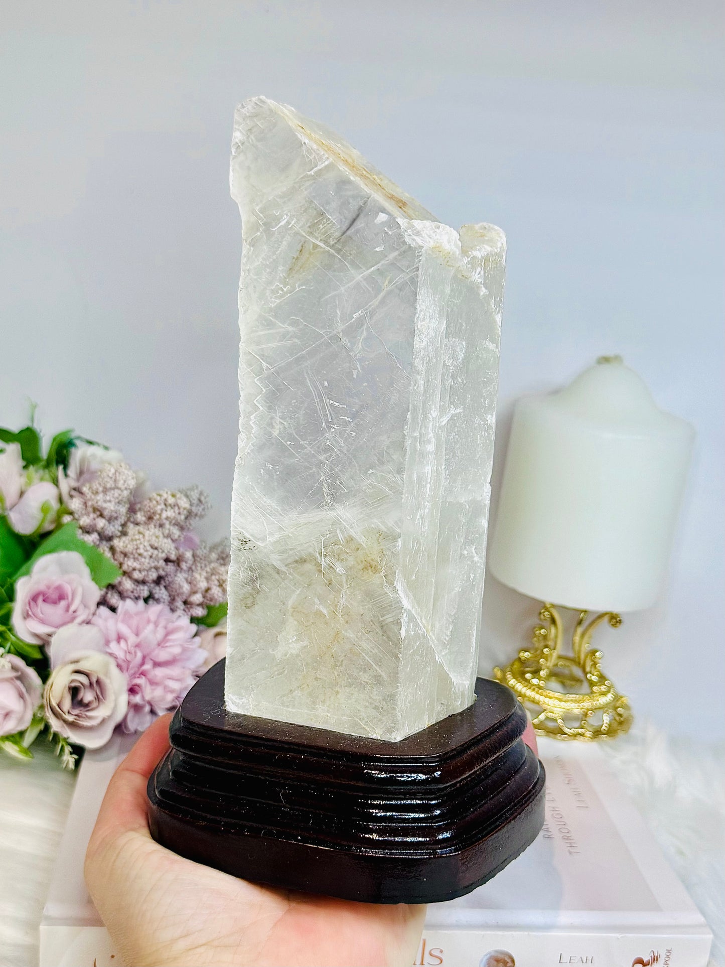Large Natural Selenite On Timber Stand 21cm 1.1KG