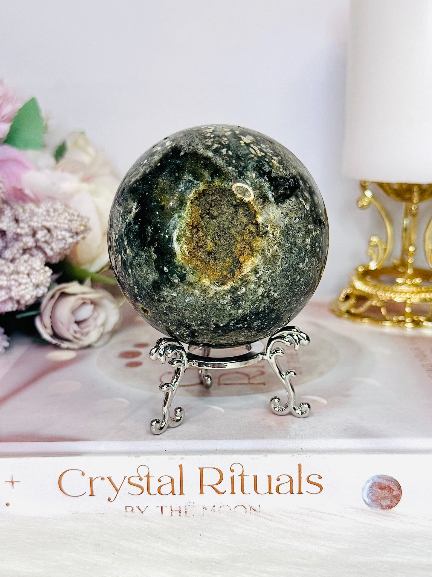 Orbicular Ocean Jasper Druzy Sphere on Stand 418g