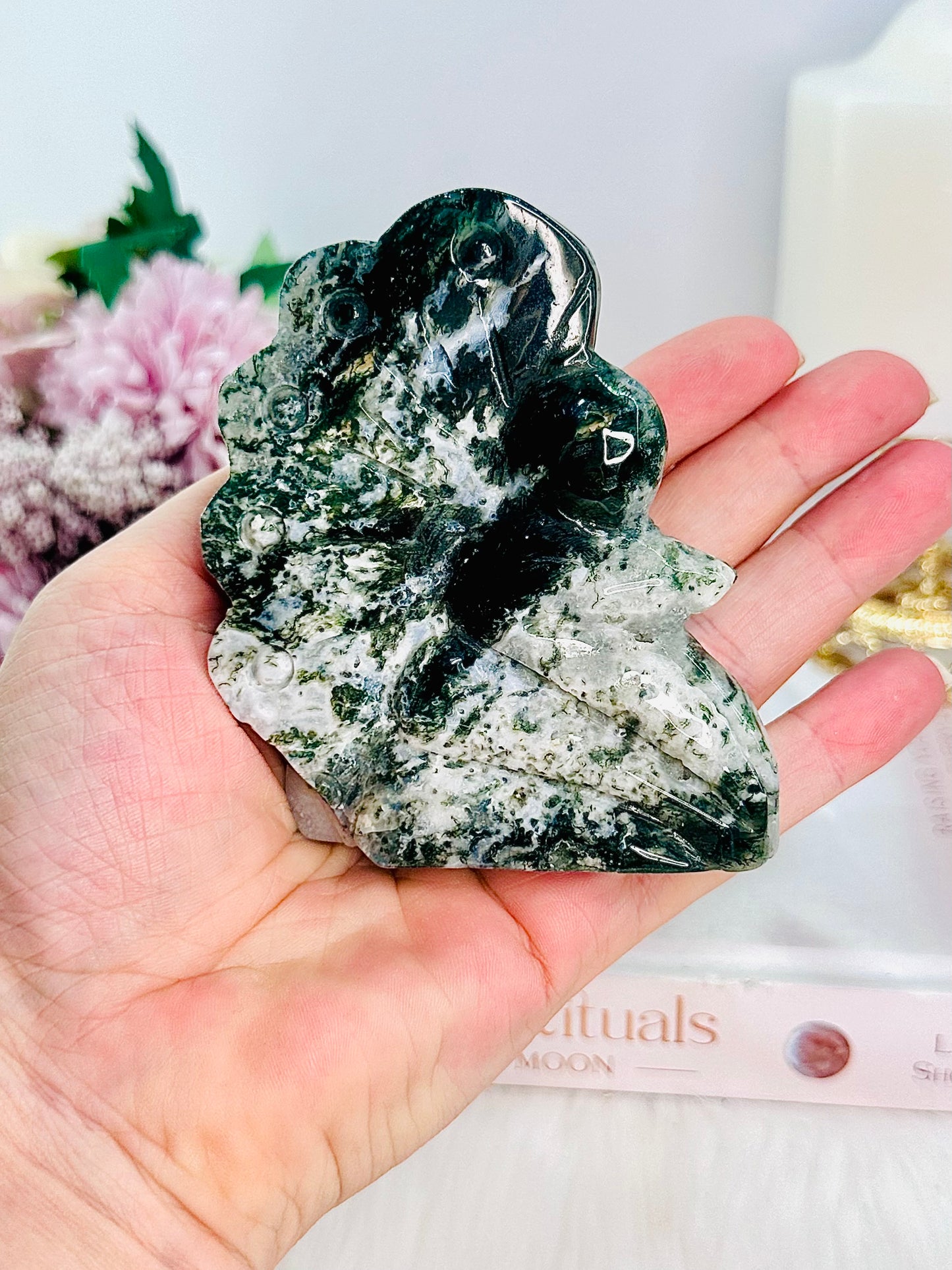 Gorgeous Chunky Moss Agate Fairy Carving 10cm