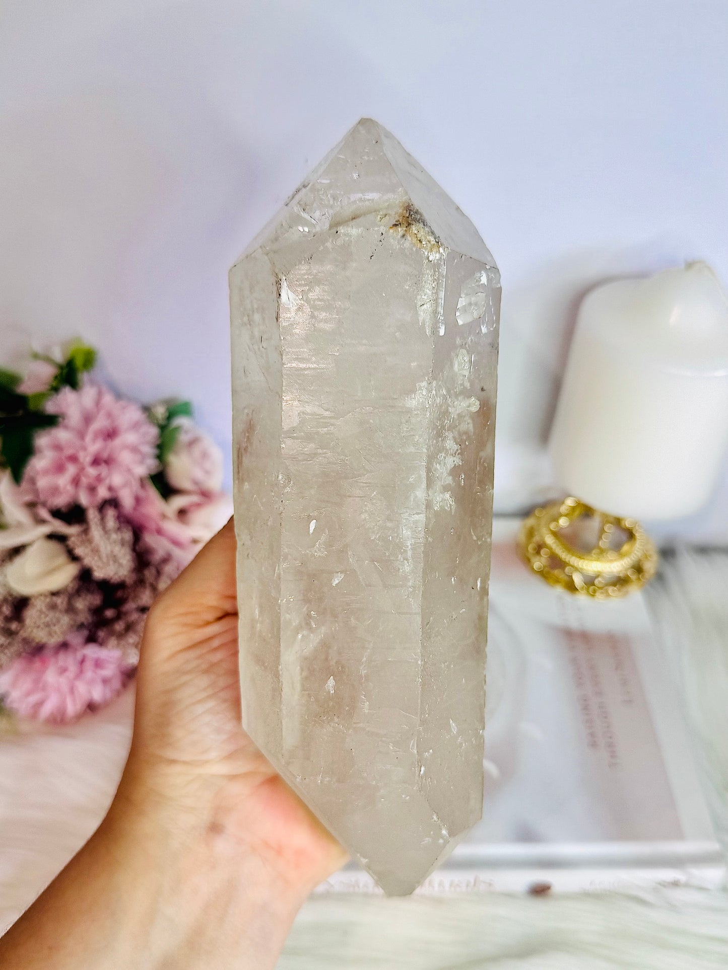 Huge Stunning 1.39KG Natural Lemurian Quartz Chunky Double Terminated Point | Tower On Stand From Brazil