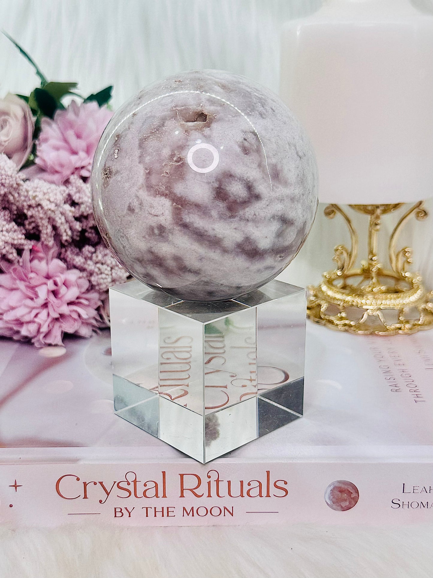 Stunning Large 574gram Pink Amethyst Druzy Sphere on Stand From Brazil (Glass stand in pic is display only)