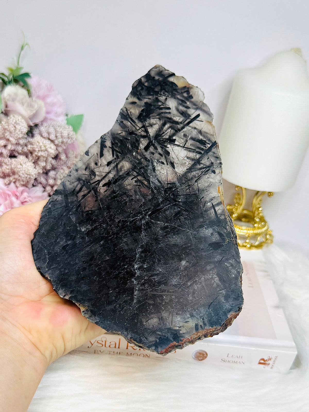 Large Black Tourmaline In Quartz Slab on Stand 19cm