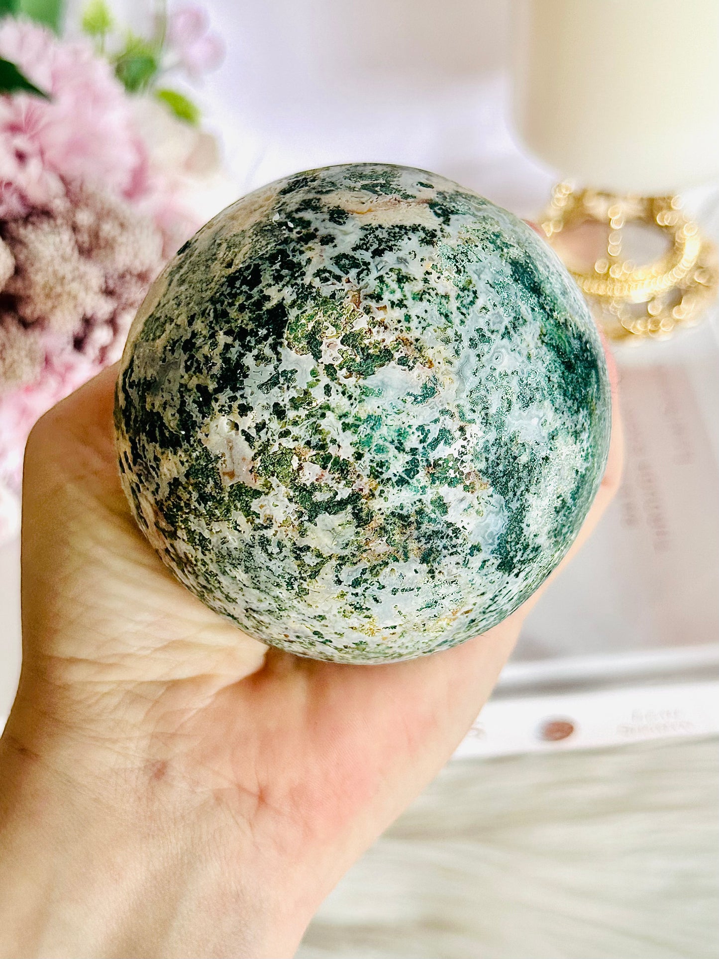 Stunning Large Druzy Pink Amethyst Sphere 569gram 8cm With Moss Agate Inclusions On Stand From Brazil