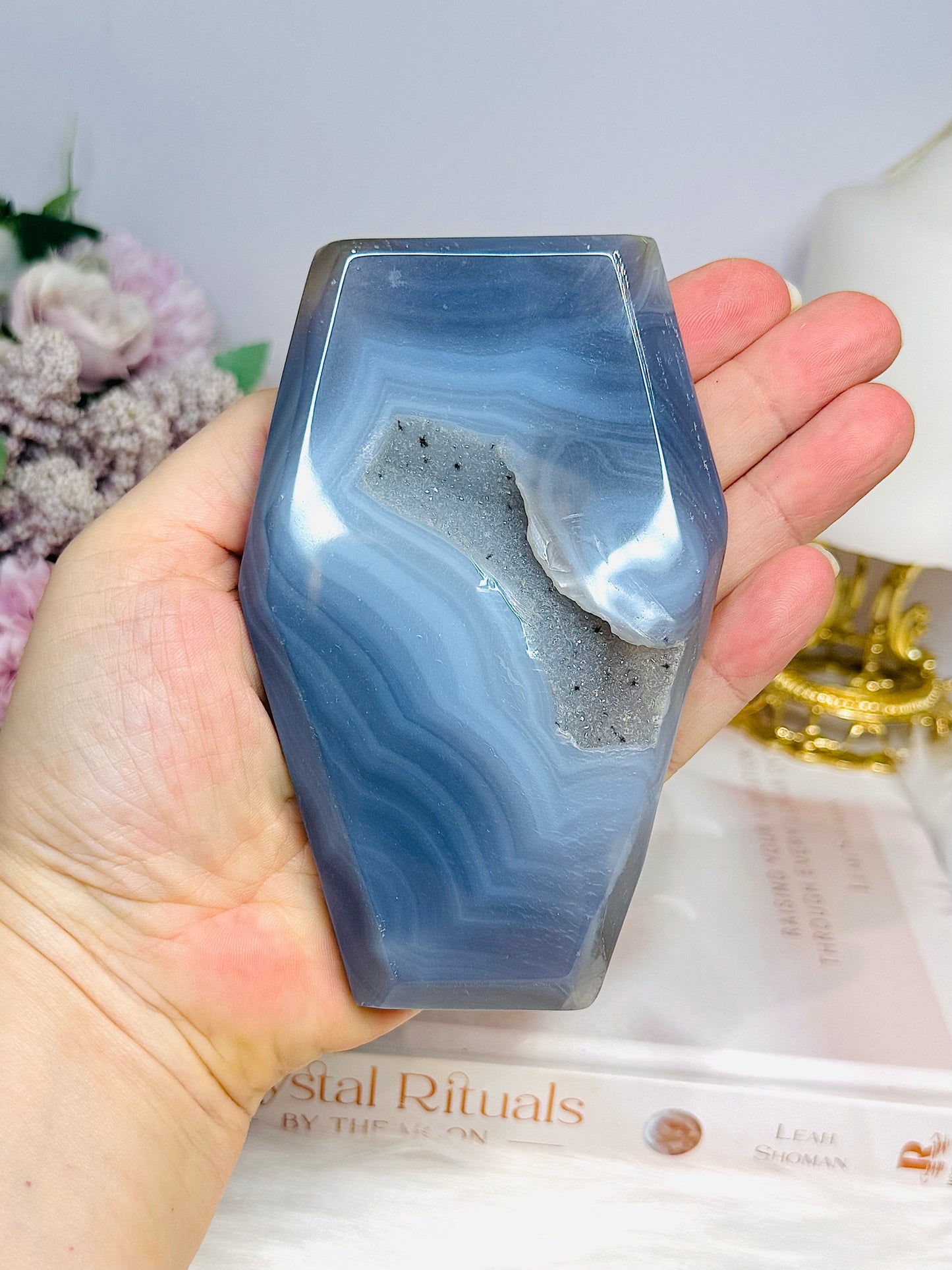 Druzy Agate Carved Coffin 12.5cm On Stand