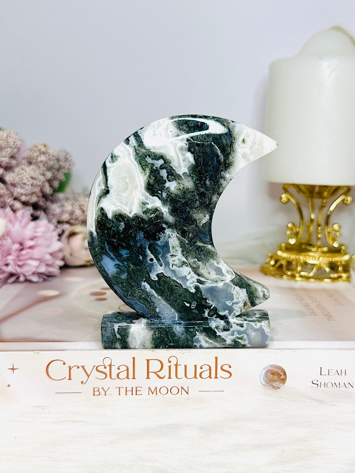 Moss Agate Druzy Moon On Stand 9.5cm 243g