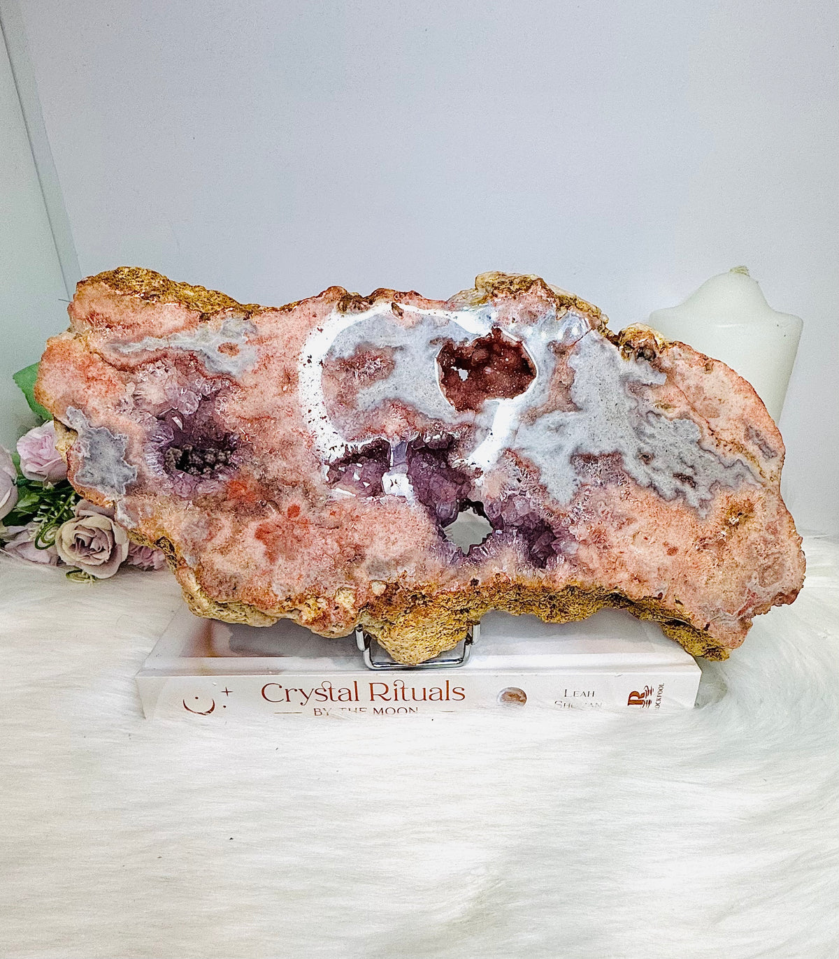 High Grade Pink Amethyst Druzy Slab on Stand 1.2KG 27.5cm