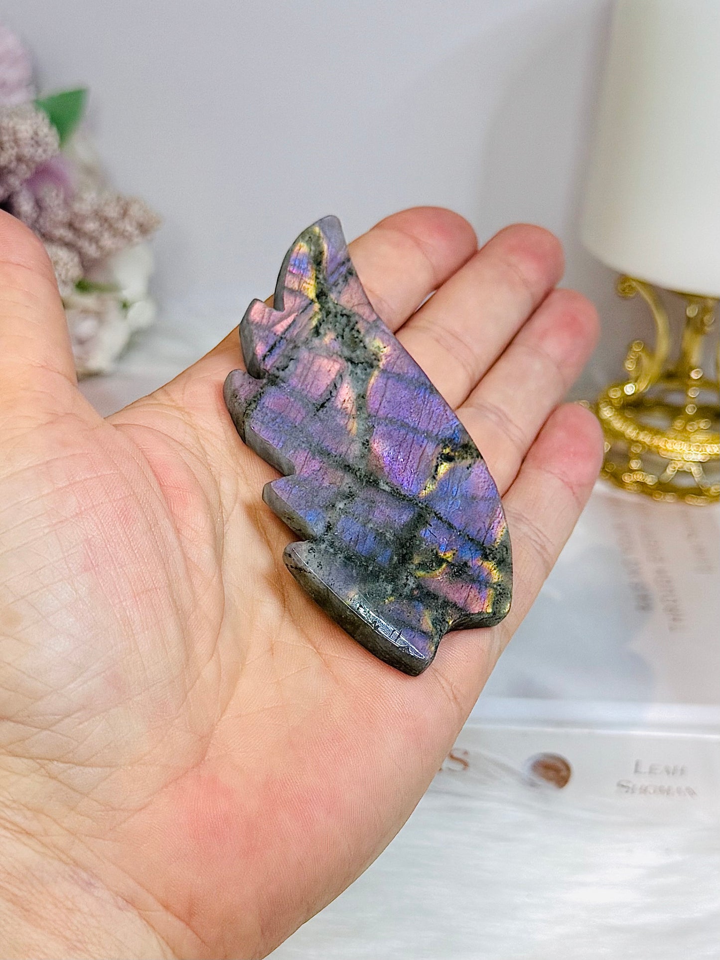 Purple Labradorite Heart with Wings ~ Each piece is full of flash 18cm