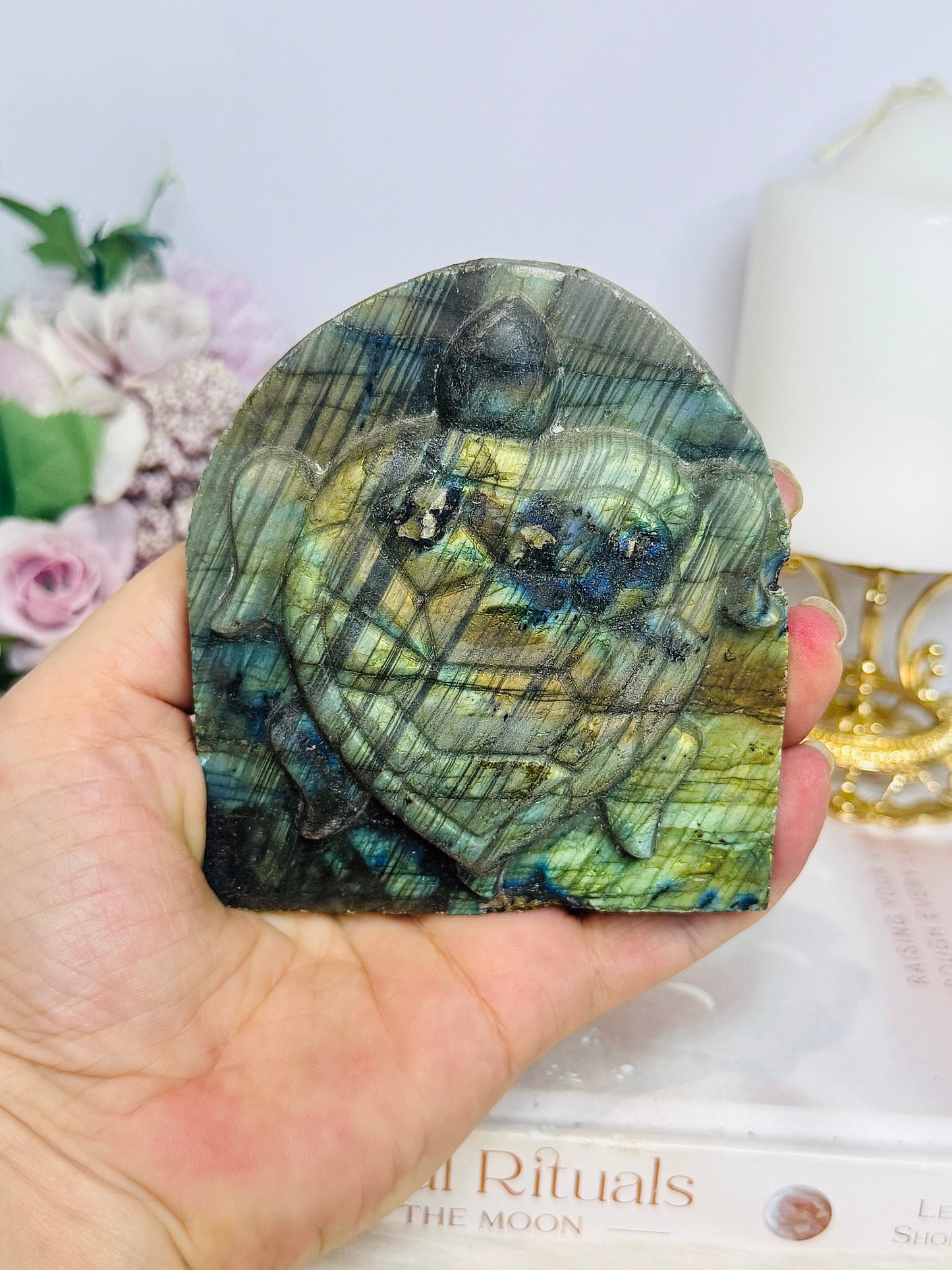Labradorite Carved Turtle on Slab 9.5cm