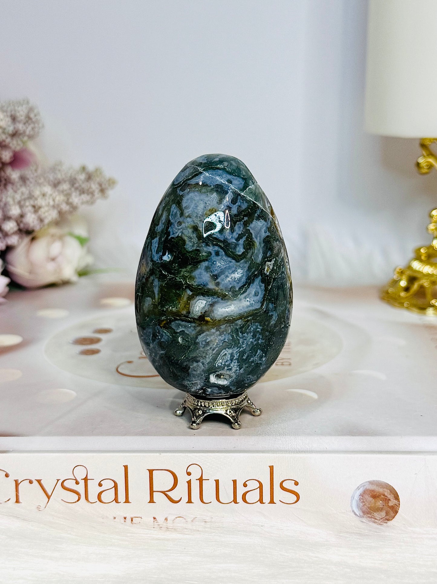 Moss Agate Druzy Egg On Stand 6.5cm